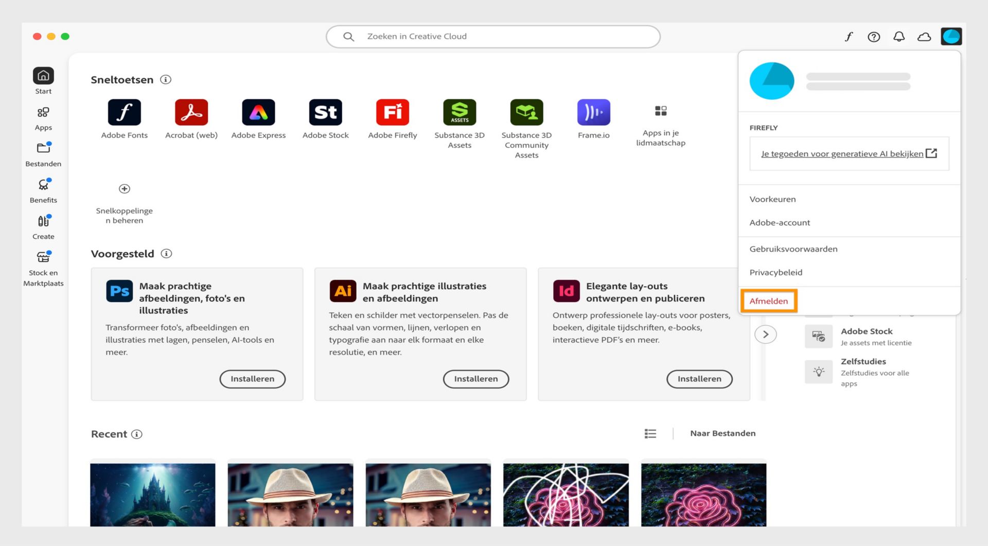 Het pictogram Account, beschikbaar in de rechterbovenhoek van het scherm, biedt de optie om je af te melden bij de Creative Cloud-desktopapp.
