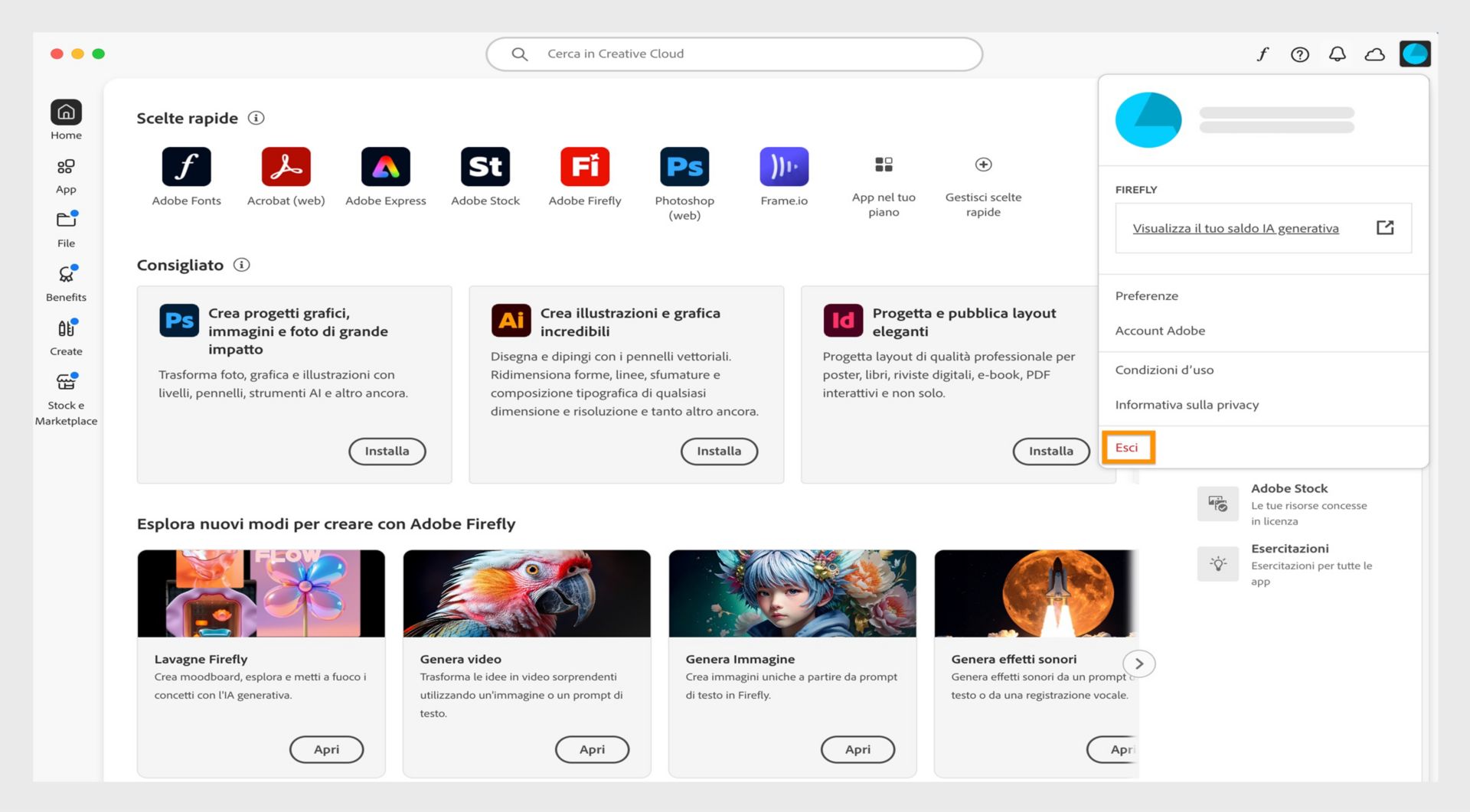 L'icona Account, disponibile nell'angolo in alto a destra dello schermo, fornisce l'opzione per uscire dall'applicazione Creative Cloud desktop.