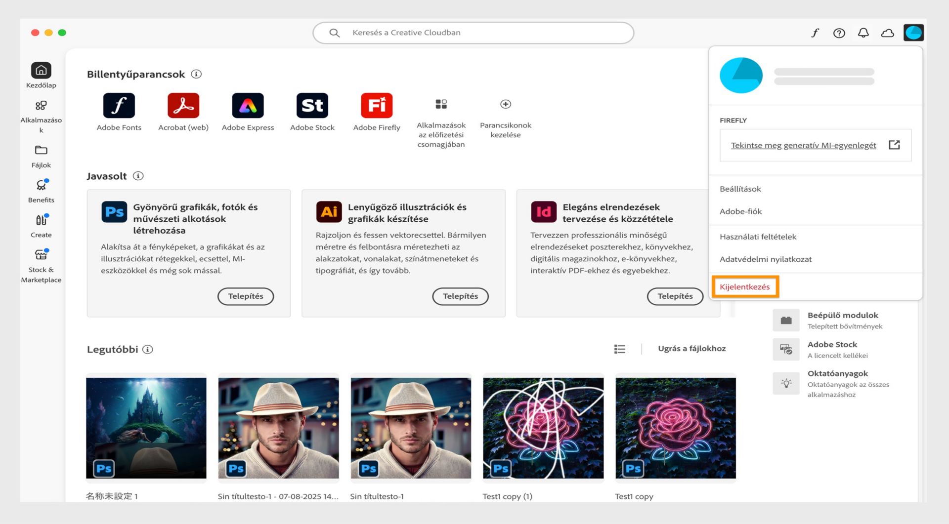 A képernyő jobb felső sarkában található Fiók ikon segítségével kijelentkezhet a Creative Cloud asztali alkalmazásból.