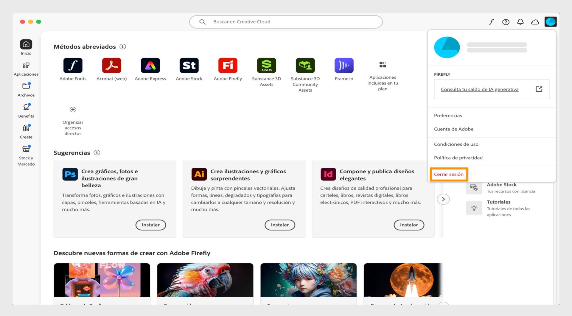 El icono Cuenta, disponible en la esquina superior derecha de la pantalla, ofrece la opción de cerrar sesión en la aplicación de Creative Cloud.