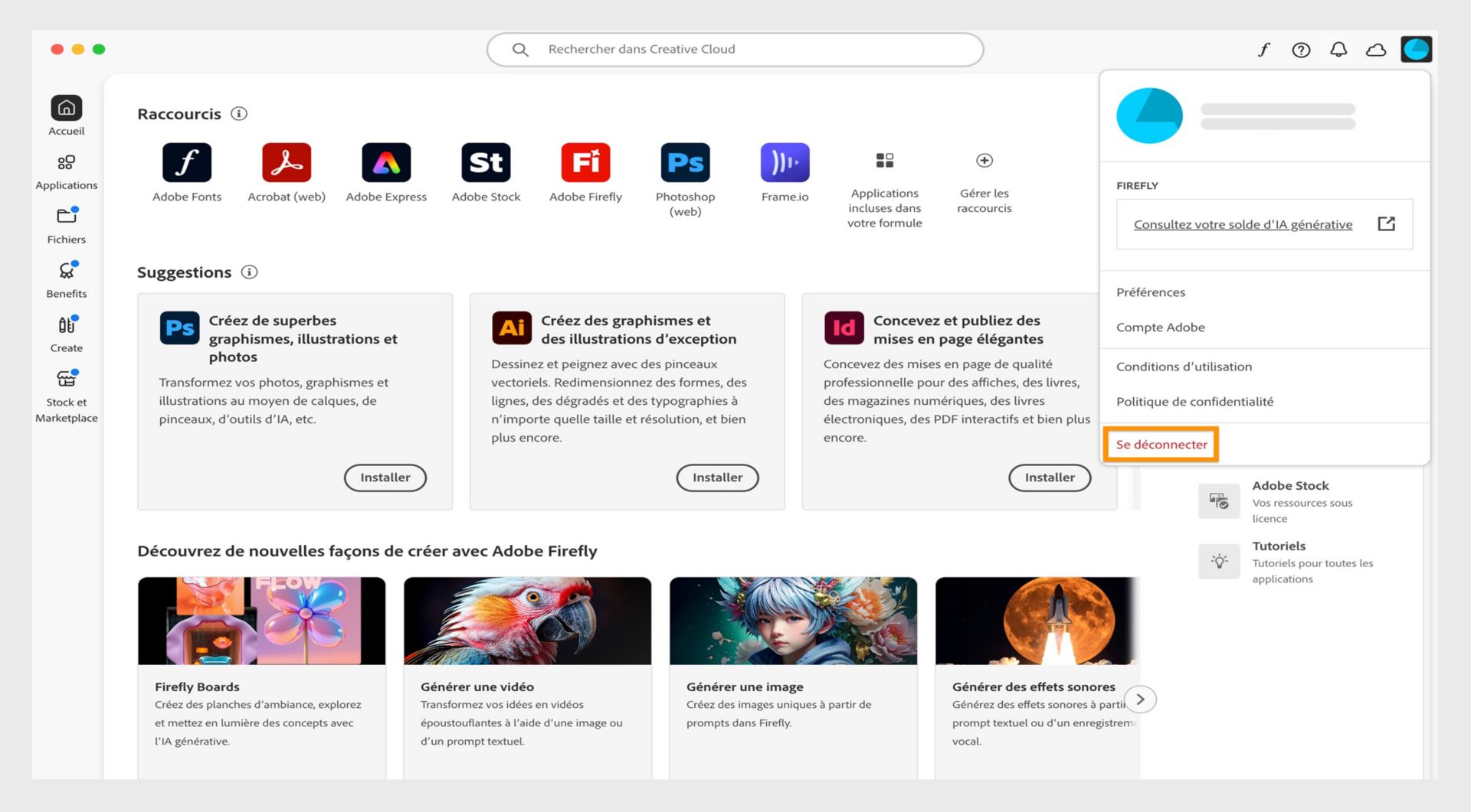 L’icône du Compte disponible dans le coin supérieur droit de l’écran propose une option pour vous déconnecter de l’application de bureau Creative Cloud.