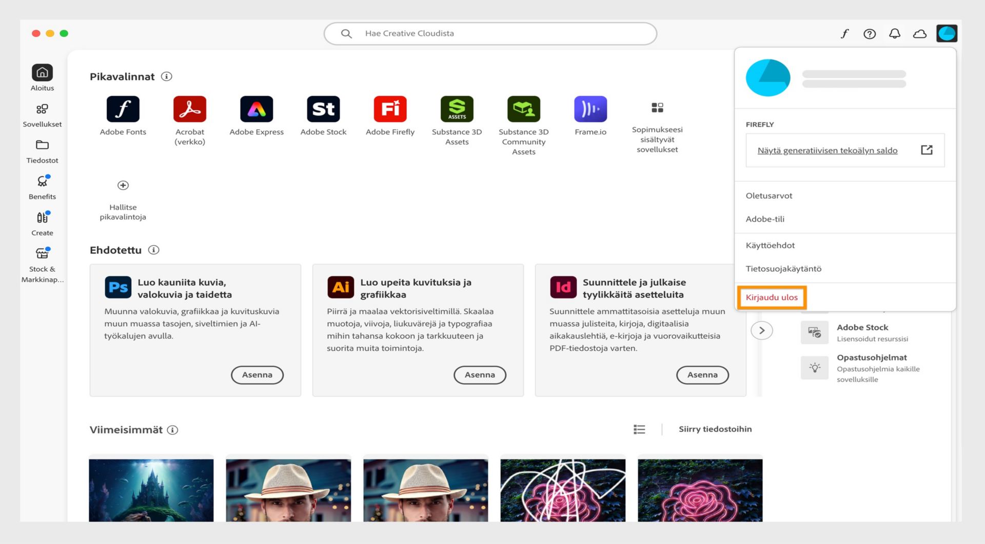 Näytön oikean yläkulman Tili-kuvakkeella voit kirjautua ulos Creative Cloud -tietokonesovelluksesta.