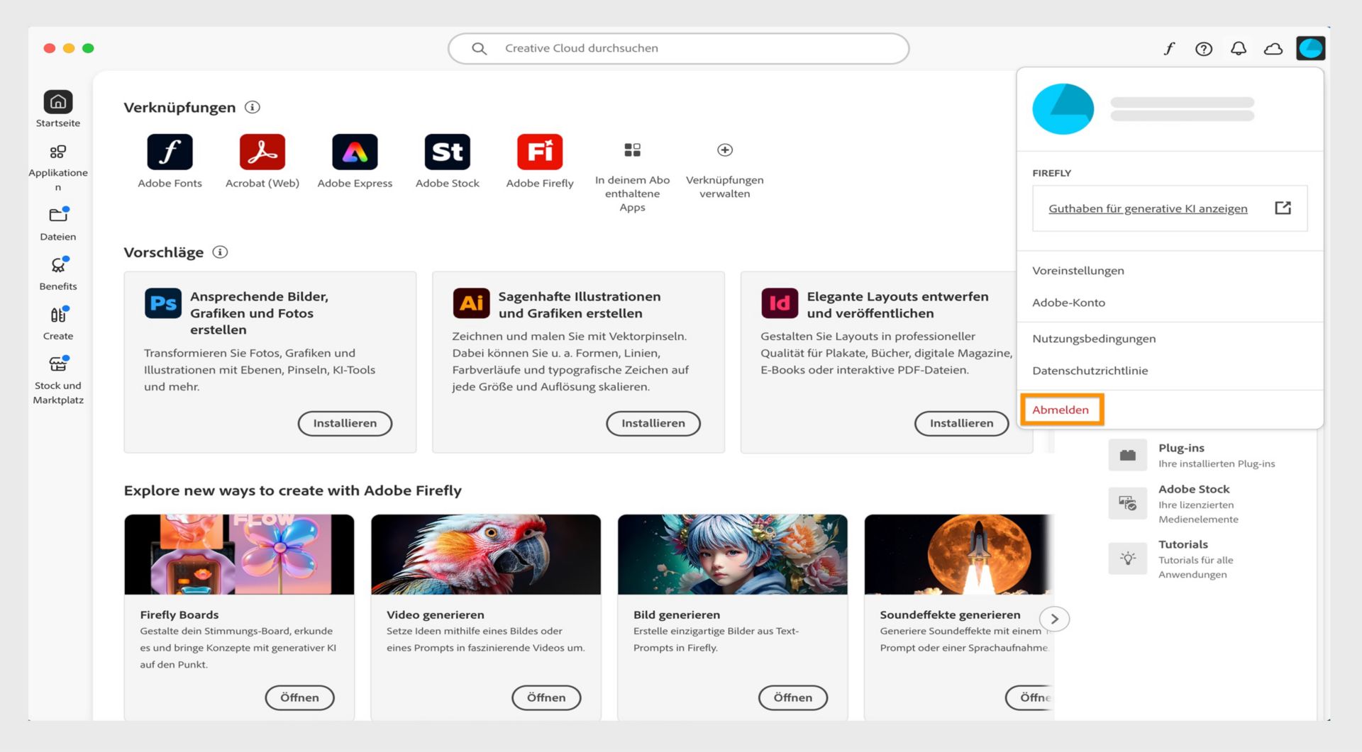 Über das Symbol „Konto“ in der rechten oberen Ecke kannst du dich von deinem Creative Cloud-Client abmelden.