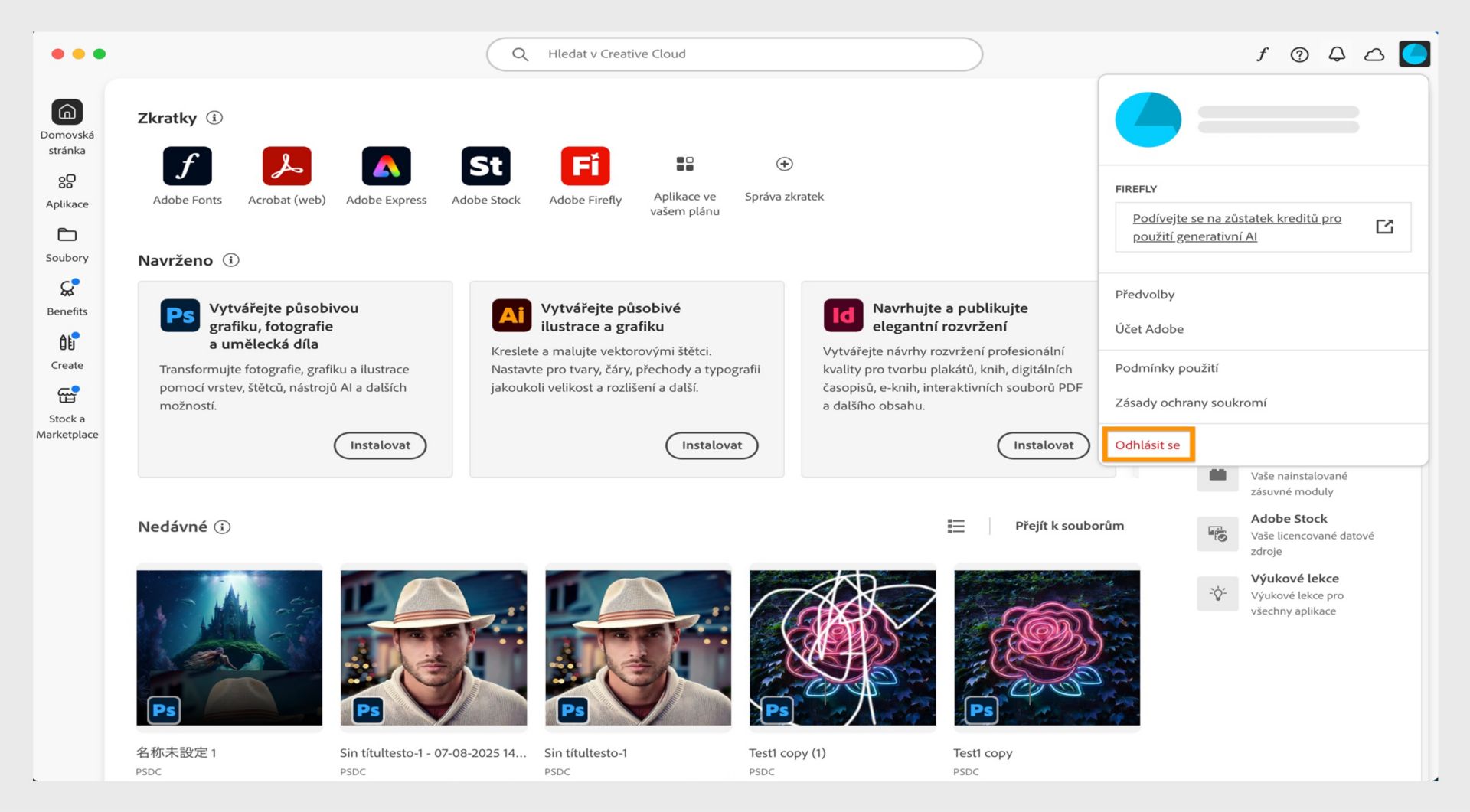 Ikona Účet, která je k dispozici v pravém horním rohu obrazovky, poskytuje možnost odhlášení z aplikace Creative Cloud.