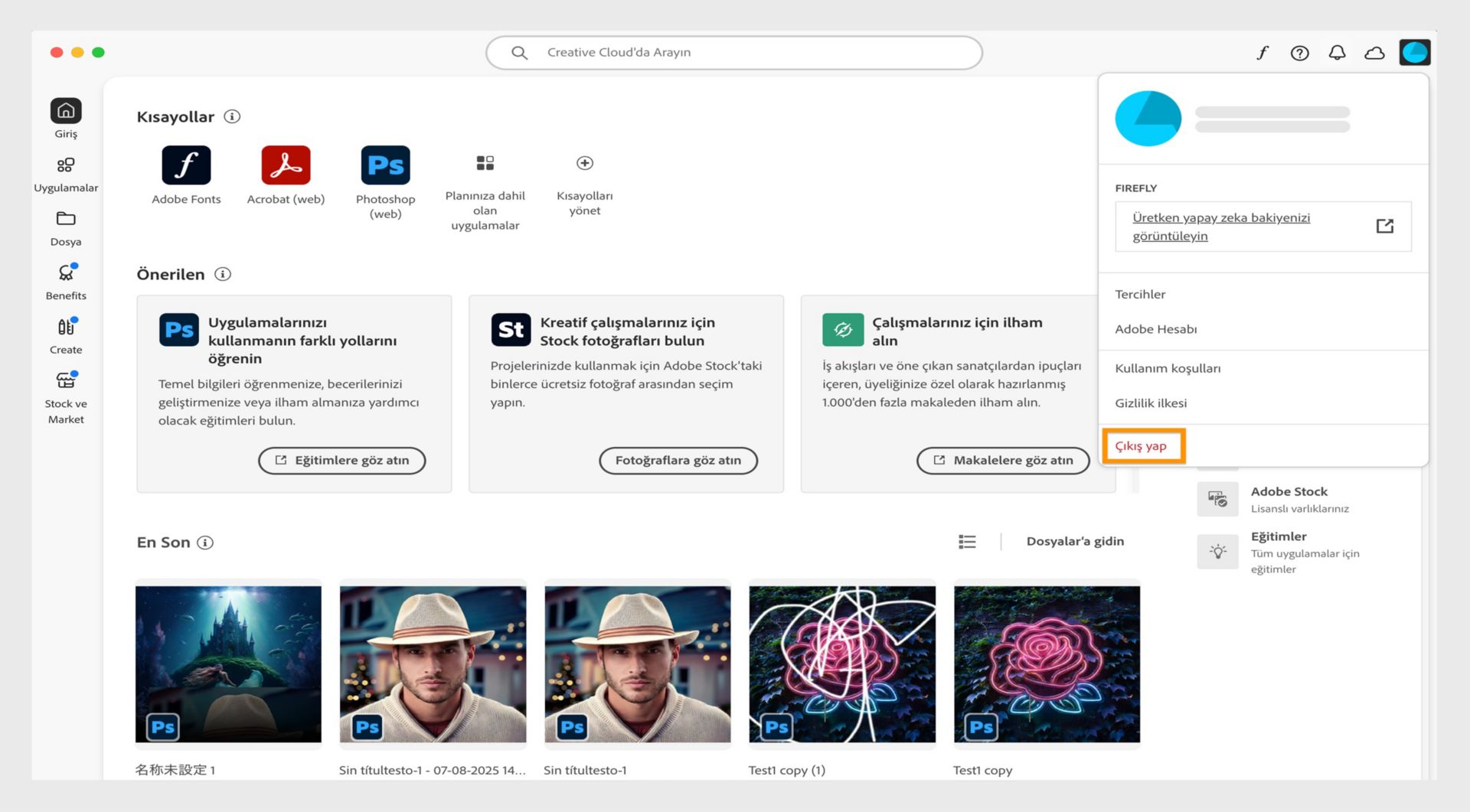 Ekranın sağ üst köşesindeki Hesap simgesi, Creative Cloud masaüstü uygulamasından çıkış yapma seçeneği sunar.
