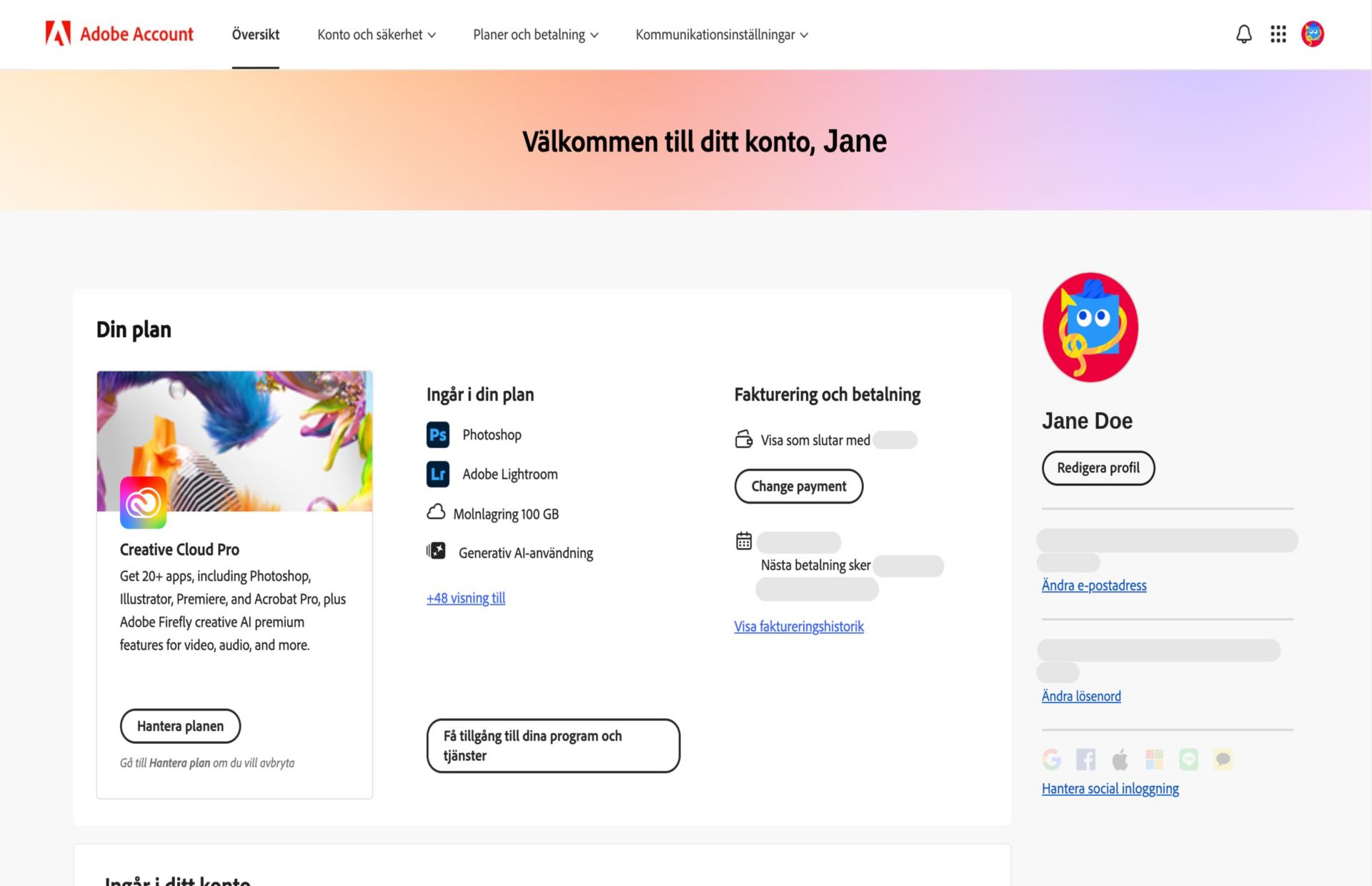 På översiktssidan för ditt Adobe-konto visas planer med alternativ för att hantera planer, få åtkomst till program och tjänster, ändra fakturering och betalning, visa faktureringshistorik, redigera profil med mera.  