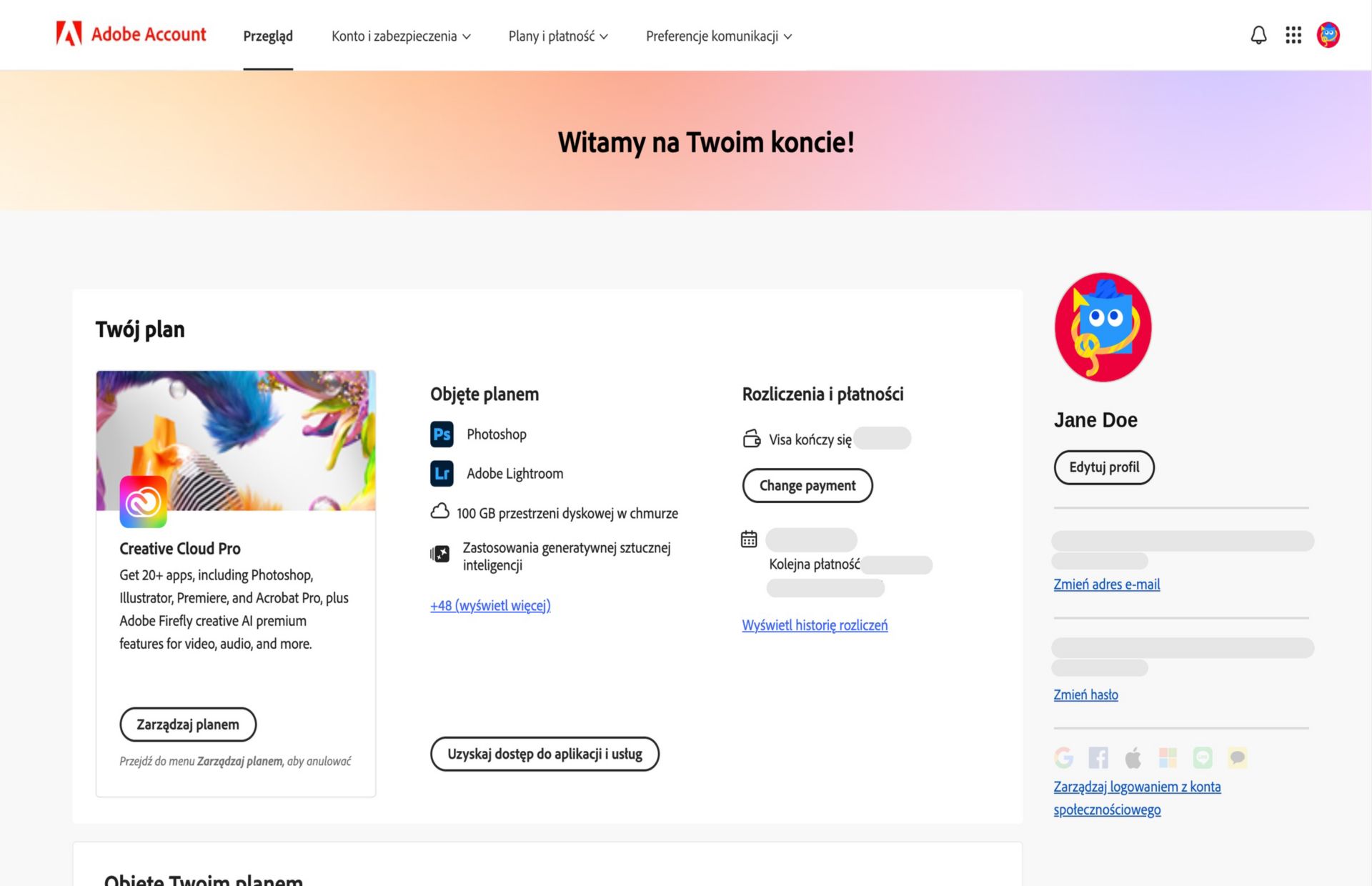 Na stronie przeglądu konta Adobe jest wyświetlony plan z opcjami umożliwiającymi zarządzanie planem, dostęp do aplikacji i usług, edycję rozliczeń i płatności, wyświetlanie historii rozliczeń, edycję profilu i inne czynności.  