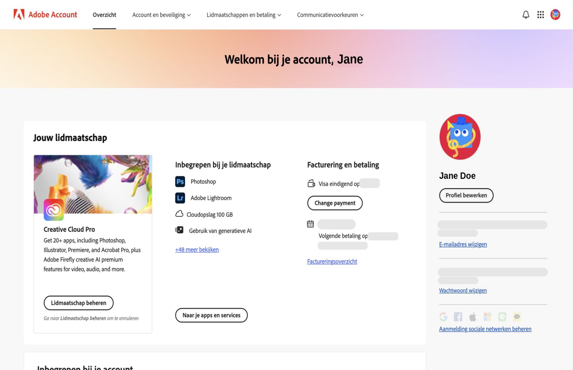 Op de overzichtspagina van je Adobe-account wordt je abonnement weergegeven met opties voor het beheren van lidmaatschappen, toegang tot apps en services, het bewerken van facturings- en betalingsgegevens, het bekijken van de factureringsgeschiedenis, het bewerken van je profiel en meer.  