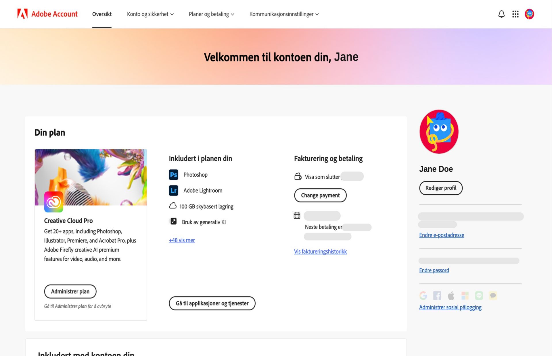 Oversiktssiden for Adobe-kontoen din viser planen din med alternativer for å administrere planen, få tilgang til apper og tjenester, redigere fakturering og betaling, vise faktureringshistorikken, redigere profilen og mye mer.  
