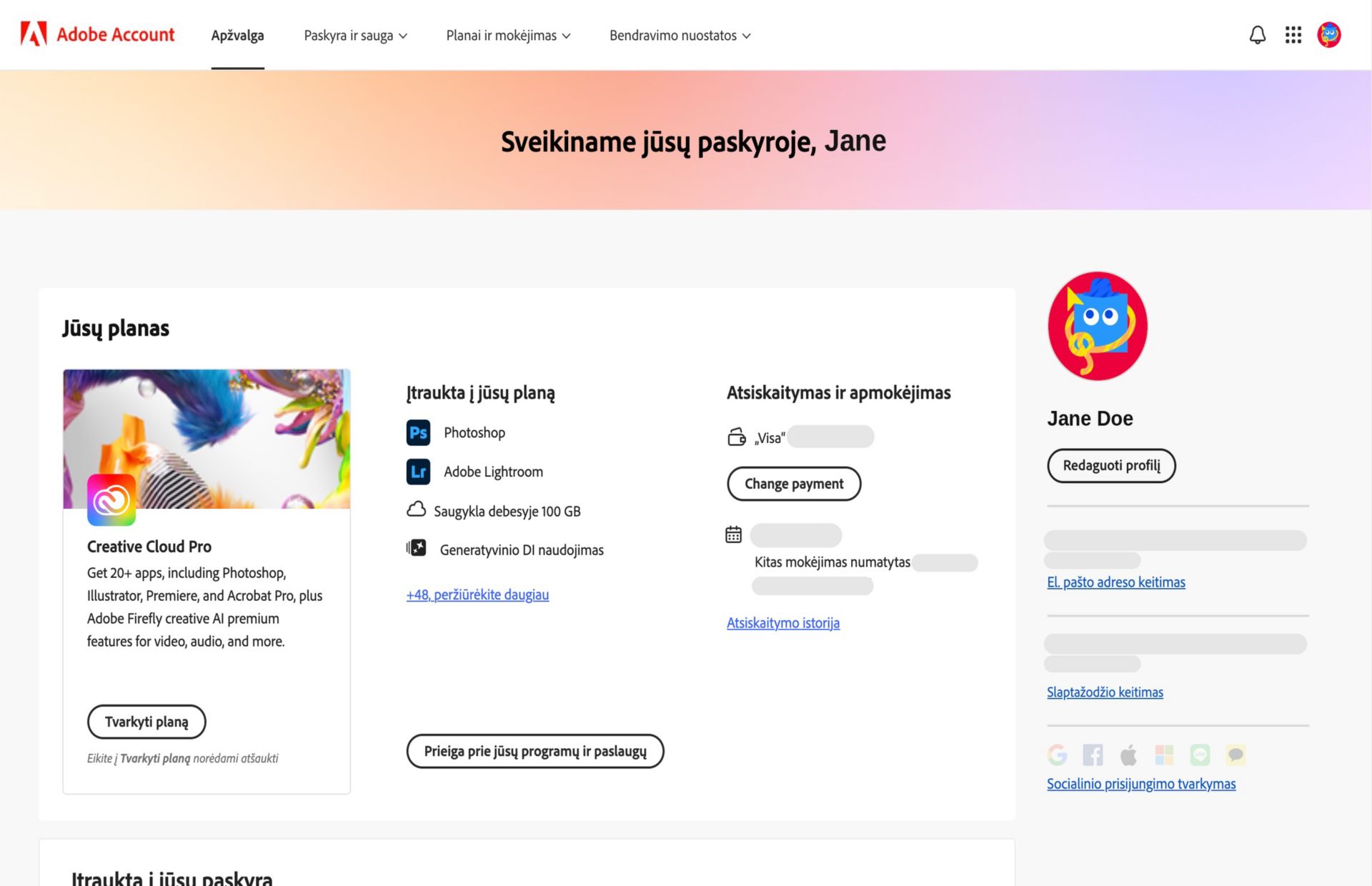 Jūsų „Adobe“ paskyros puslapio apžvalgoje rodomas jūsų planas su galimybe planą tvarkyti, pasiekti programas ir paslaugas, redaguoti atsiskaitymus ir mokėjimus, peržiūrėti atsiskaitymo istoriją, redaguoti profilį ir kt.  