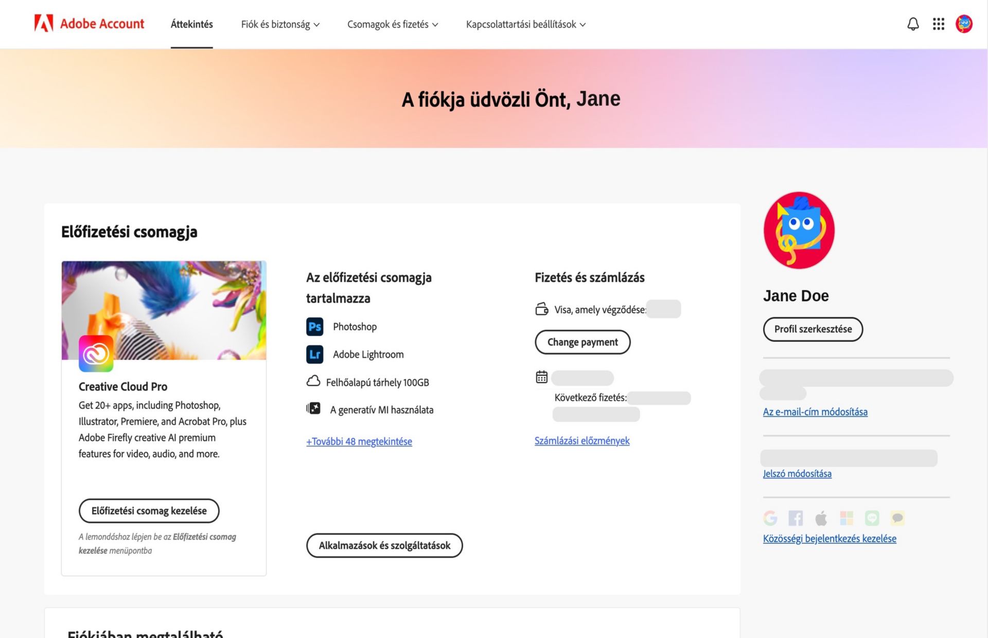 Az Adobe-fiók áttekintési oldalán látható a csomagja és itt szerepel a csomagkezelés, az alkalmazások és szolgáltatások elérése, a számlázás és fizetés módosítása, a számlázási előzmények megtekintése, a profil szerkesztése és egyéb lehetőségek.  