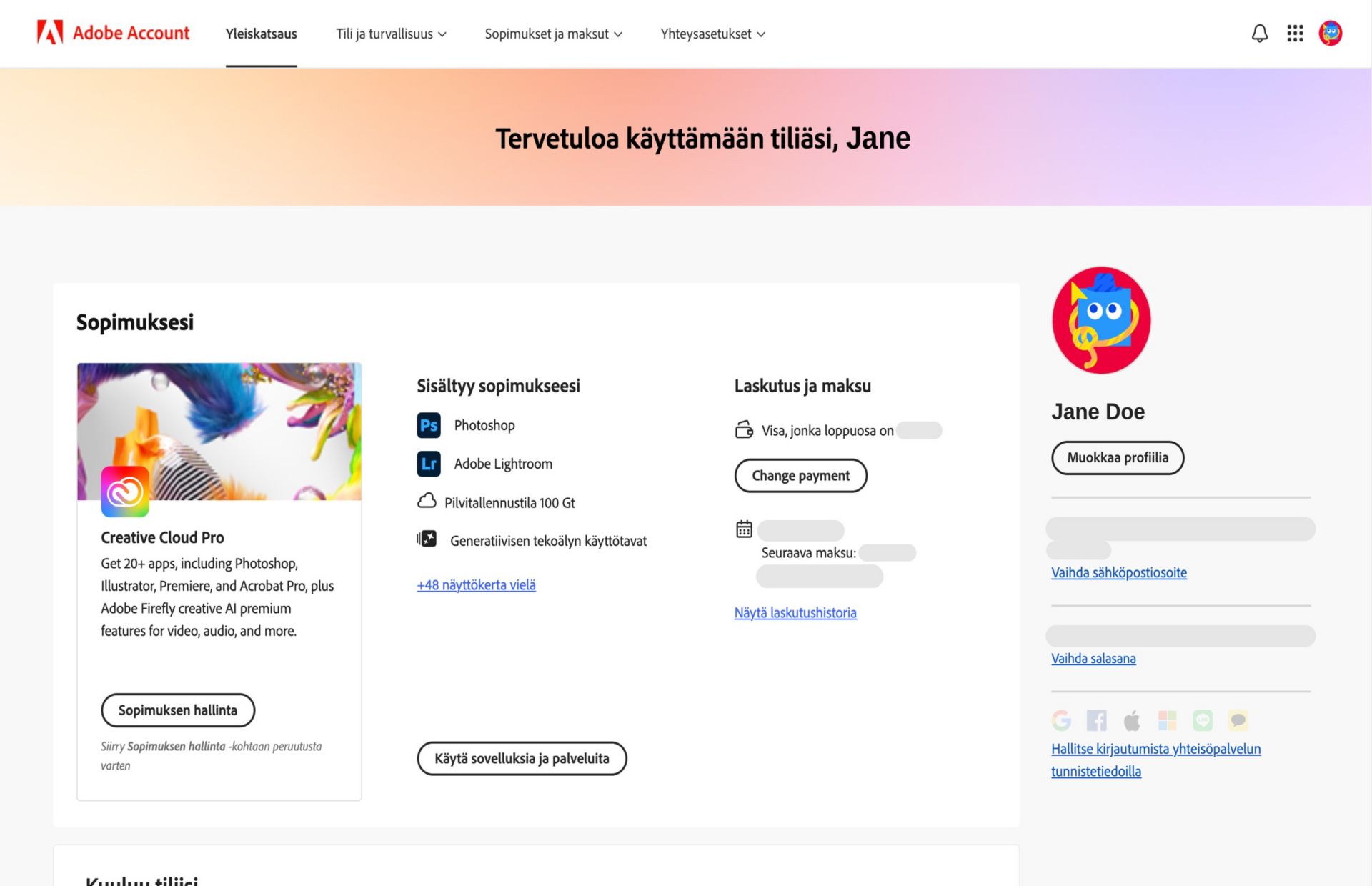 Adobe-tilin yleiskatsaussivulla näet sopimuksesi ja voit hallinnoida sitä, käyttää sovelluksia ja palveluita, muokata maksu- ja laskutustietoja, tarkastella laskutushistoriaa, muokata profiilia ja tehdä muita toimintoja.  
