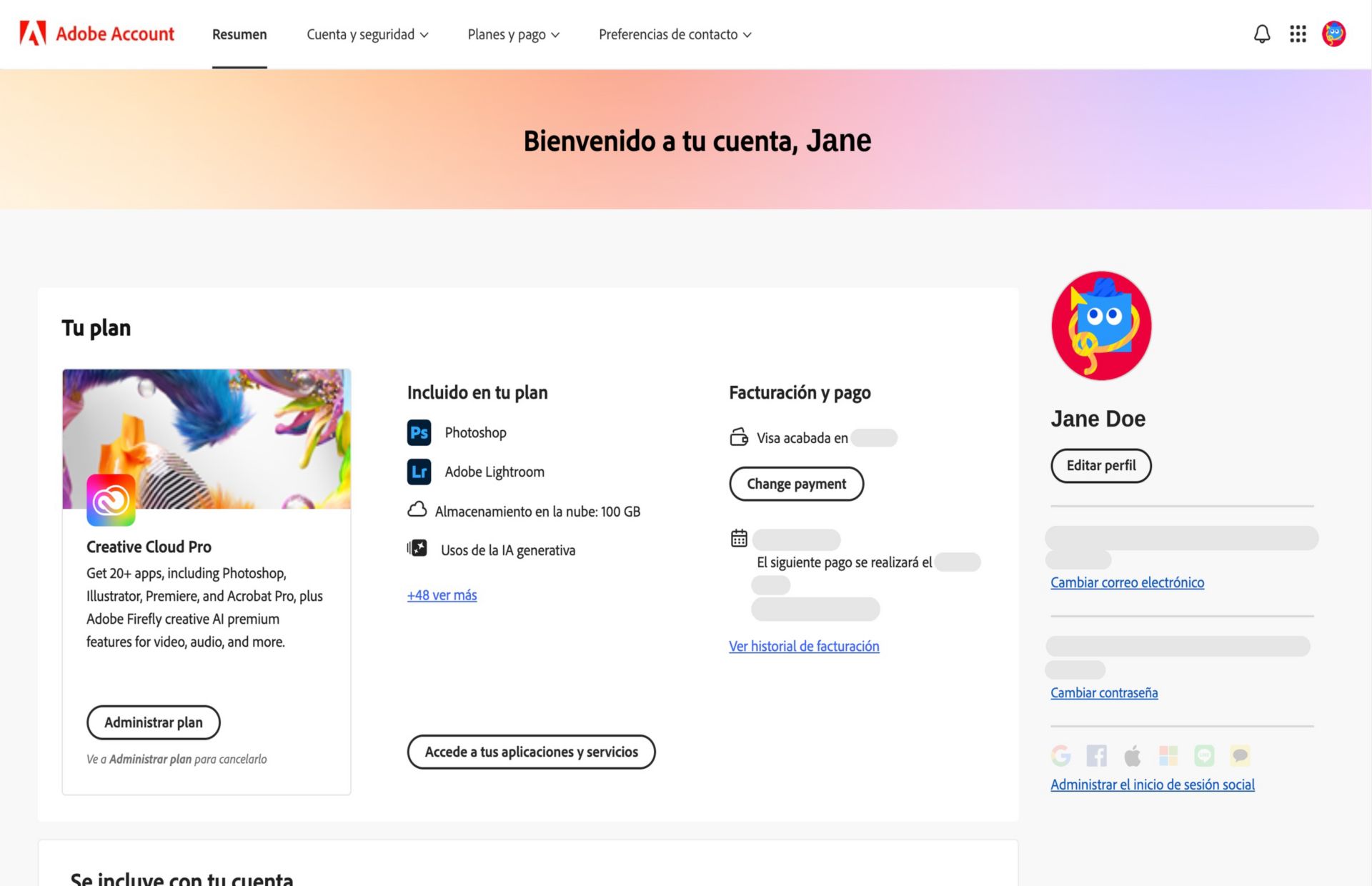 La página de información general de su cuenta de Adobe muestra su plan con opciones para administrar el plan, acceder a aplicaciones y servicios, editar la facturación y el pago, ver el historial de facturación, editar el perfil y mucho más.  