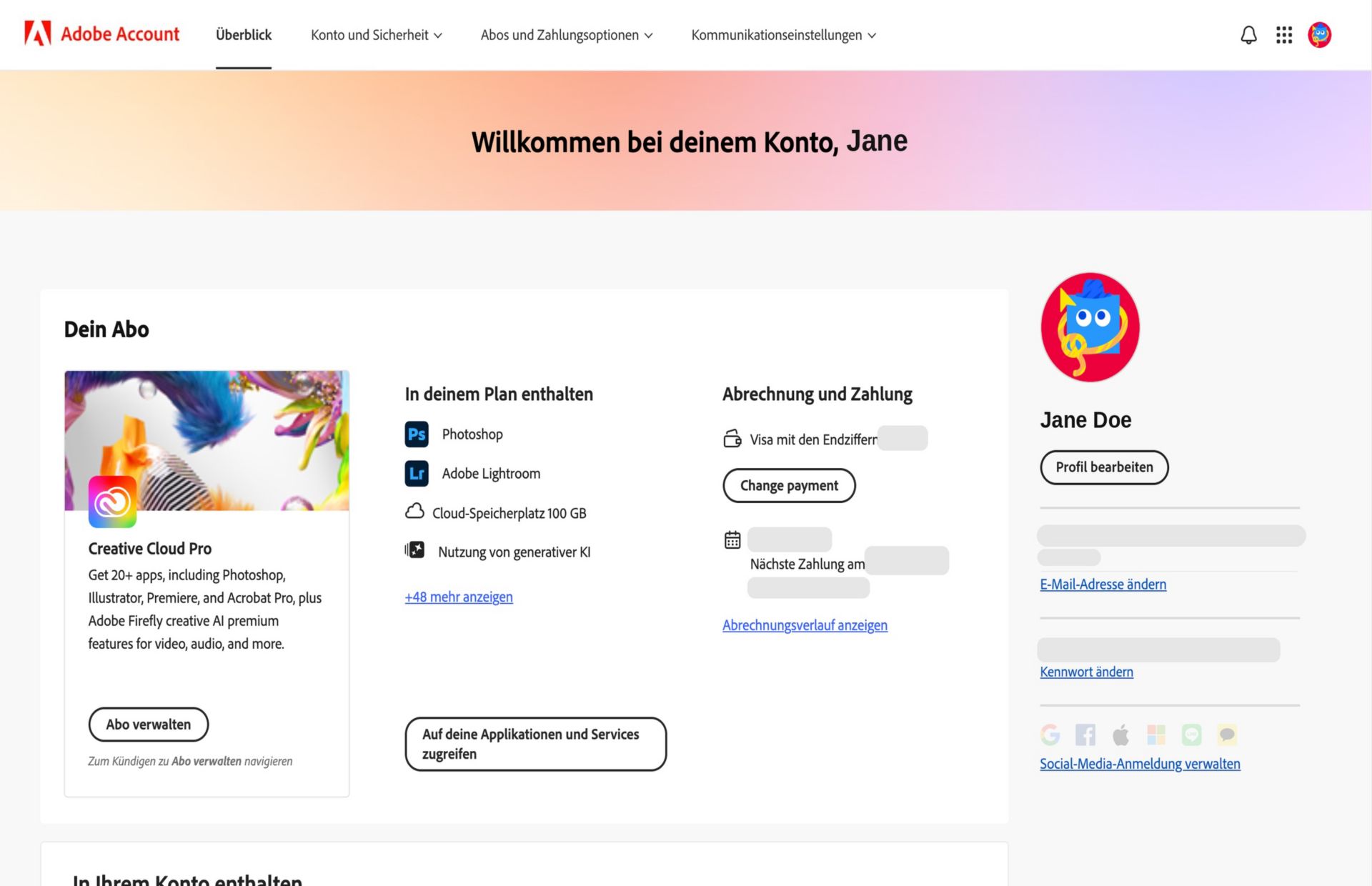 Auf der Übersichtsseite deines Adobe-Kontos siehst du dein Abonnement mit Optionen zum Verwalten des Abonnements, zum Zugreifen auf Apps und Dienste, zum Bearbeiten von Rechnungs- und Zahlungsdaten, zum Anzeigen des Rechnungsverlaufs, zum Bearbeiten deines Profils und mehr.  