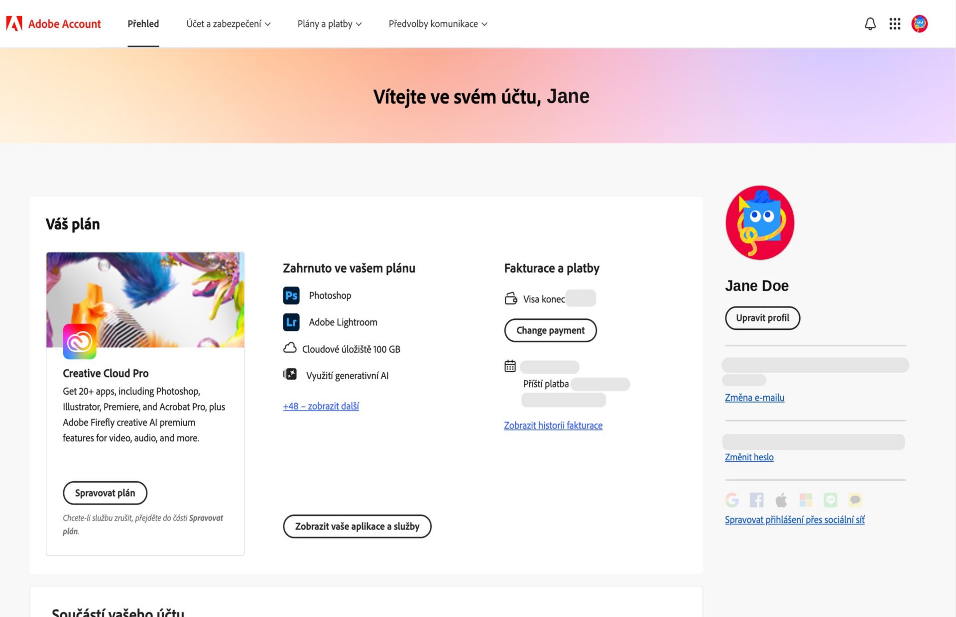 Na stránce s přehledem účtu Adobe je zobrazen váš plán s možnostmi správy plánu, přístupu k aplikacím a službám, úpravy fakturace a plateb, zobrazení historie fakturací, úpravy profilu a další.  