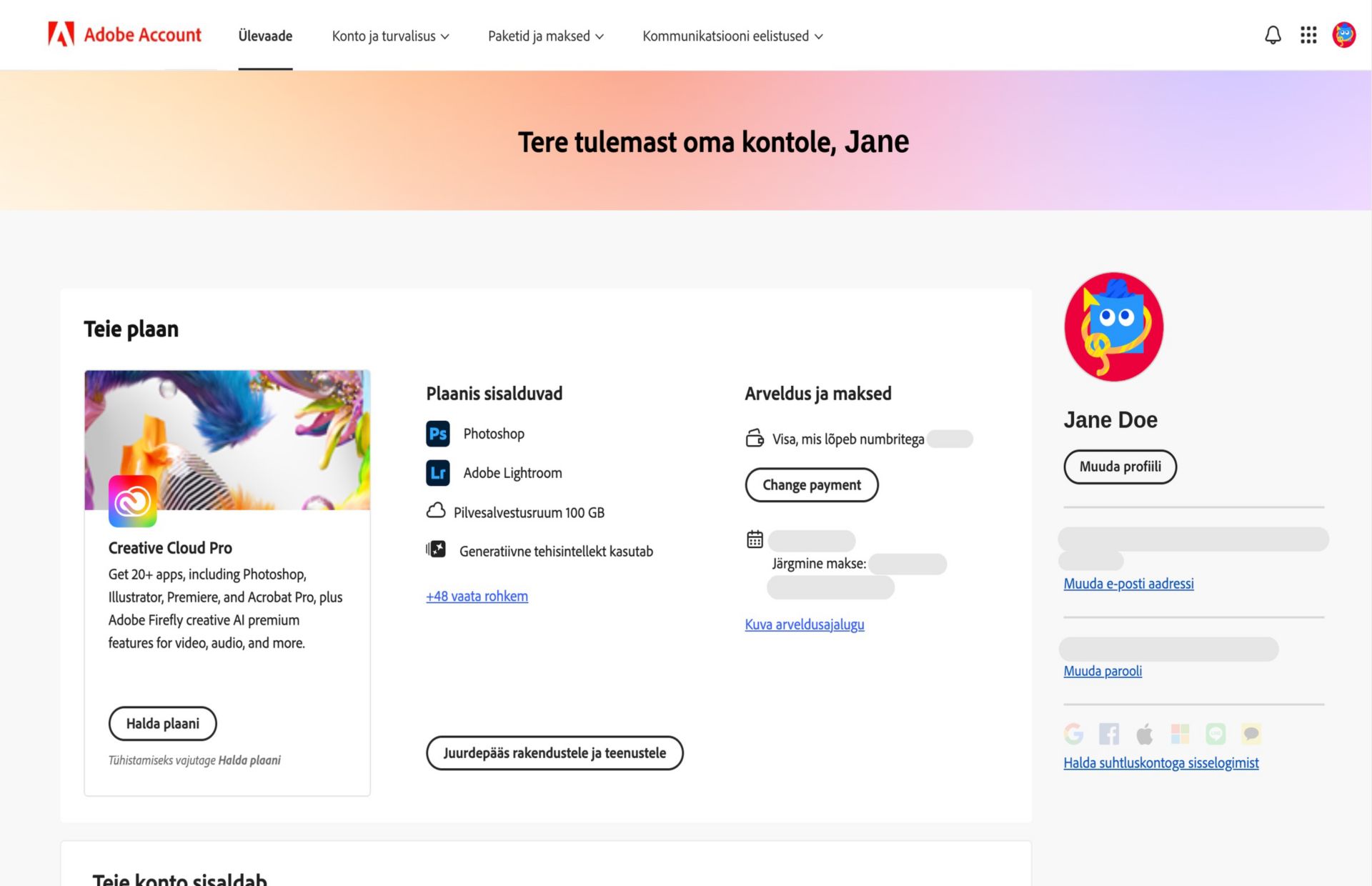 Teie Adobe konto ülevaatelehel kuvatakse teie plaan ja sellega seotud valikud: plaani haldamine, juurdepääs rakendustele ja teenustele, arveldus- ja makseteabe muutmine, arveldusajaloo vaatamine, profiili muutmine ja muu.  