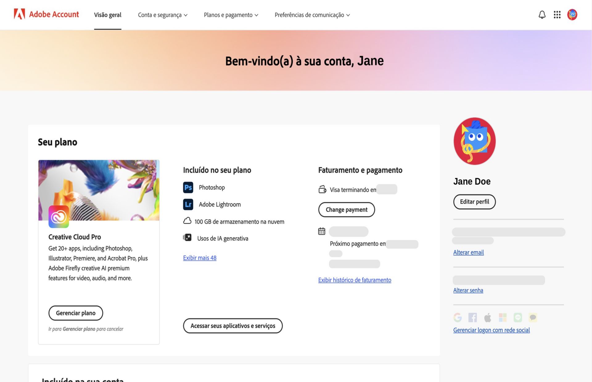 A página de visão geral de sua conta da Adobe mostra seu plano com opções para gerenciar o plano, acessar aplicativos e serviços, editar o faturamento e o pagamento, visualizar o histórico de faturamento, editar o perfil e muito mais.  
