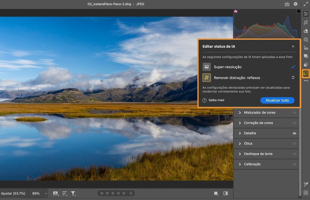 Interface ACR exibindo uma imagem de paisagem com montanhas, um lago e campos gramados.O painel Status de edição do AI mostra que foram aplicadas as opções de “Super Resolução” e “Remoção de distração: Reflexos” foram aplicadas, com a opção ”Atualizar tudo&quot; destacada.