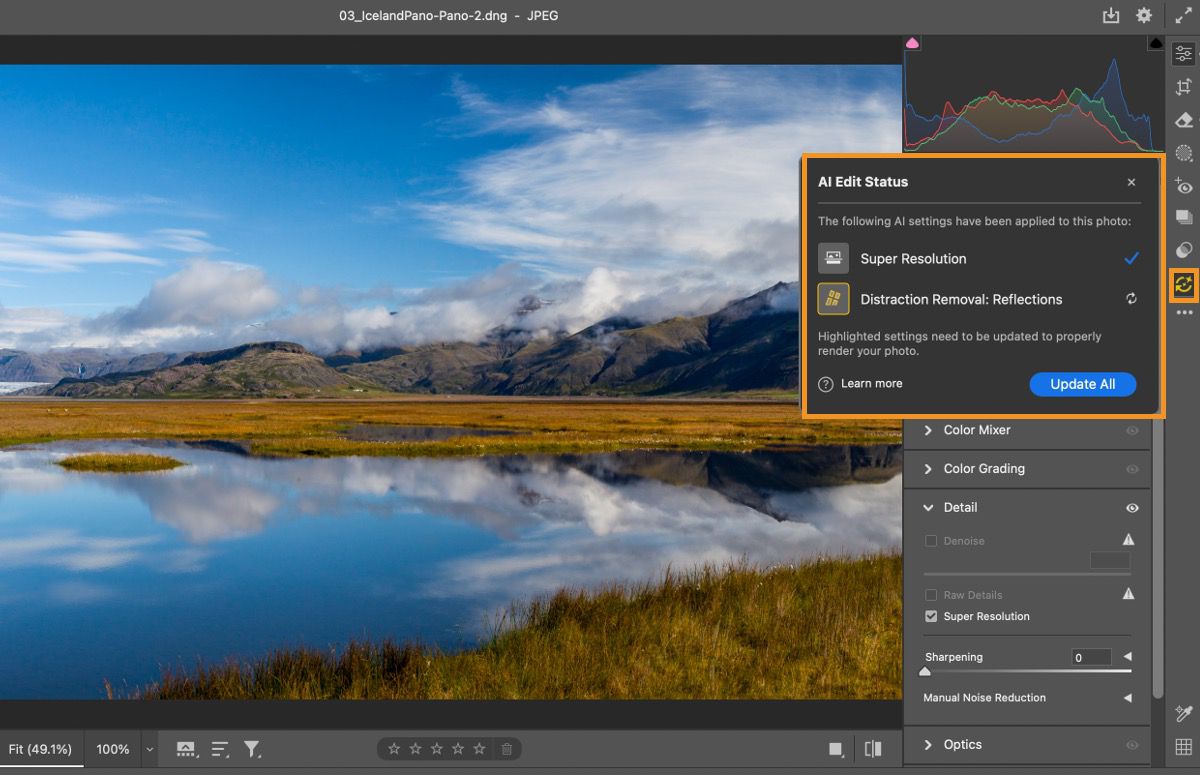 ACR interface displaying a landscape image with mountains, a lake, and grassy fields. The AI Edit Status panel shows 'Super Resolution' and 'Distraction Removal: Reflections' have been applied, with an 'Update All' option highlighted.