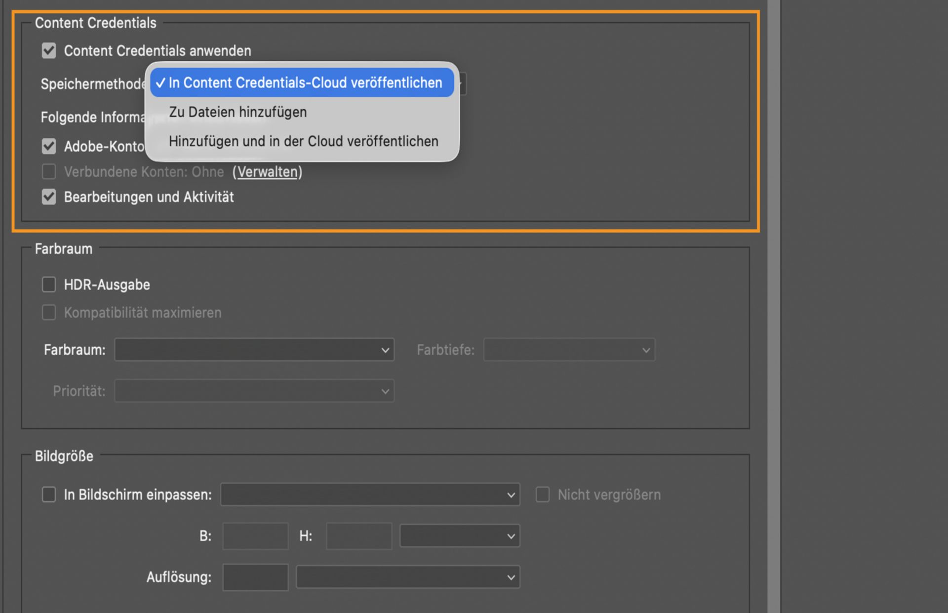 Der Content Credentials-Bereich des Export-Dialogfelds mit dem erweiterten Speichermethoden-Menü, das Optionen zum Veröffentlichen in der Content Credentials-Cloud, Anhängen an Dateien oder Anhängen und Veröffentlichen in der Cloud zeigt.