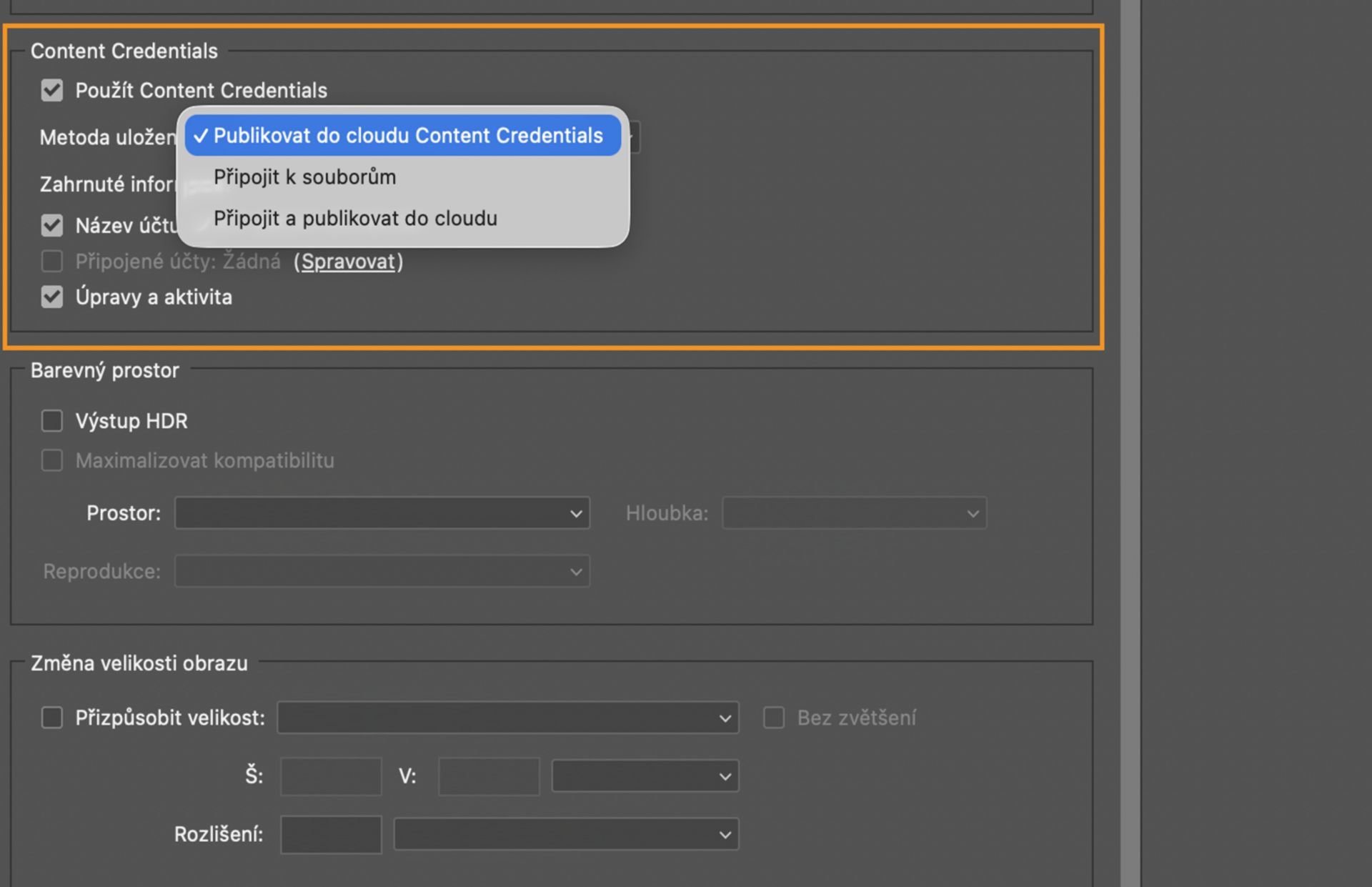 Část Content Credentials dialogového okna Export s rozbalenou nabídkou Storage method zobrazující možnosti Publish to Content Credentials cloud, Attach to files nebo Attach and publish to cloud.