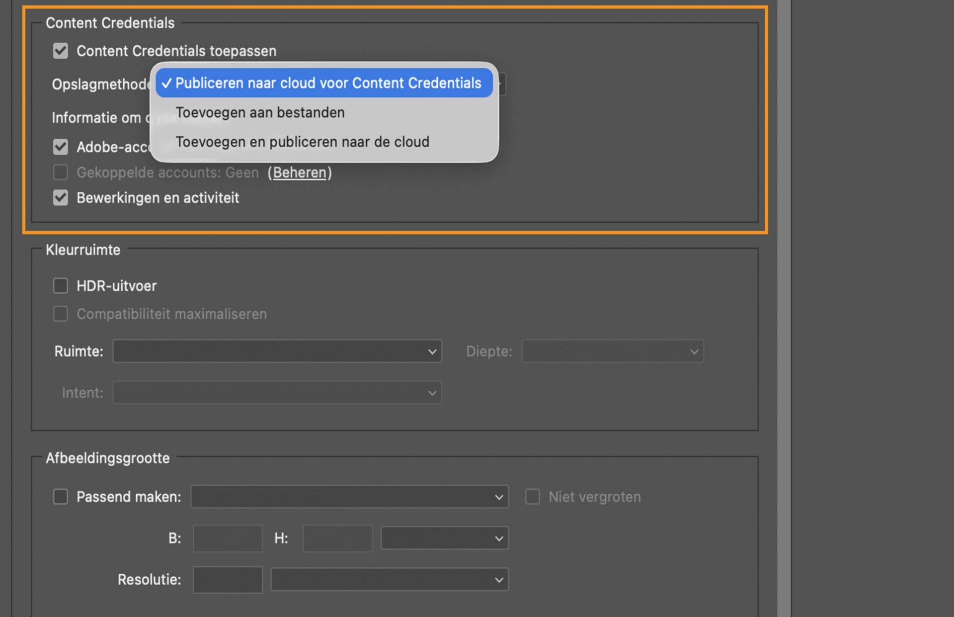 De sectie Content Credentials van het dialoogvenster Exporteren met het uitgevouwen menu Opslagmethode, waarin opties worden weergegeven om te publiceren naar Content Credentials cloud, aan bestanden te koppelen of te koppelen en te publiceren naar cloud.