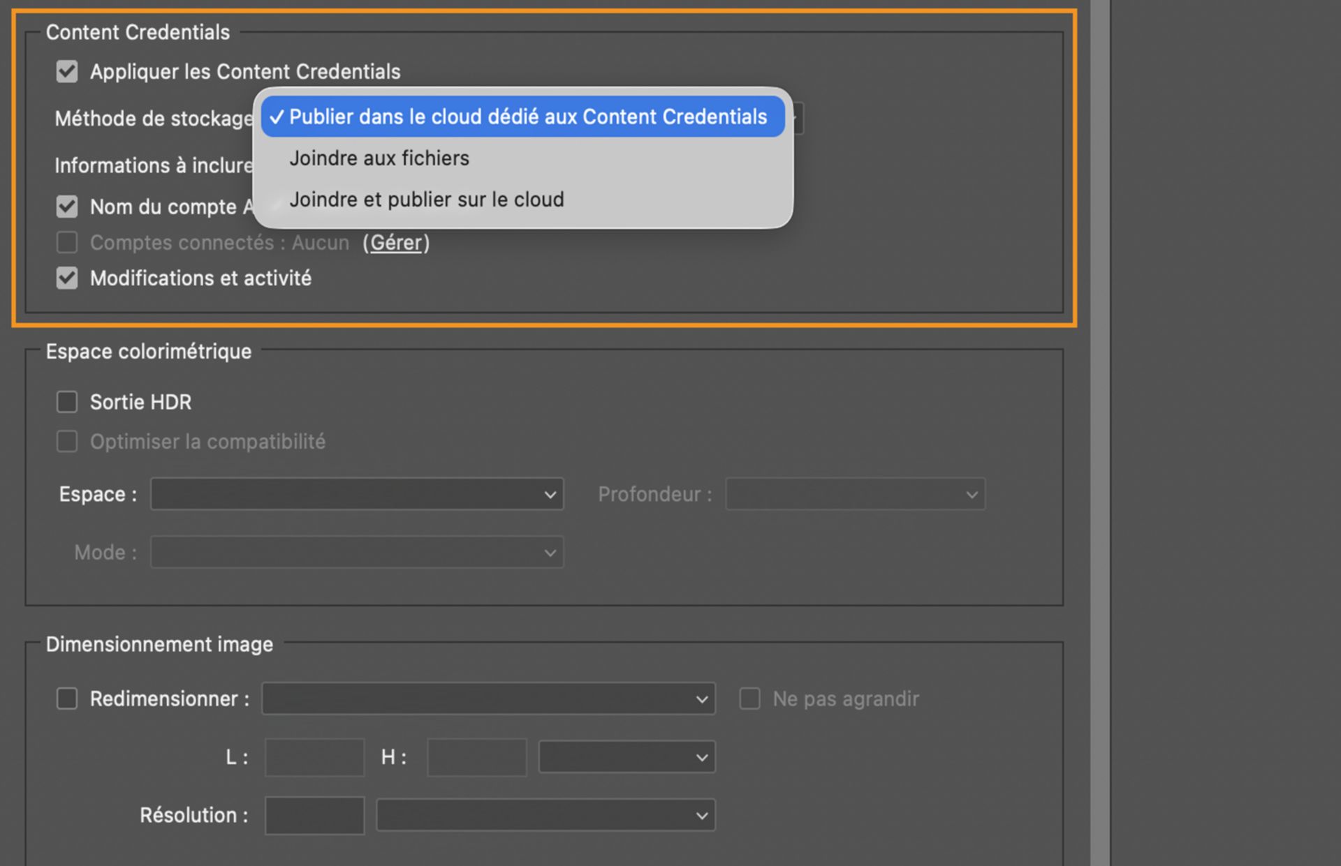 La section Content Credentials de la boîte de dialogue Exporter, avec le menu Méthode de stockage développé, affichant les options Publier dans le cloud dédié aux Content Credentials, Joindre aux fichiers ou Joindre et publier sur le cloud.
