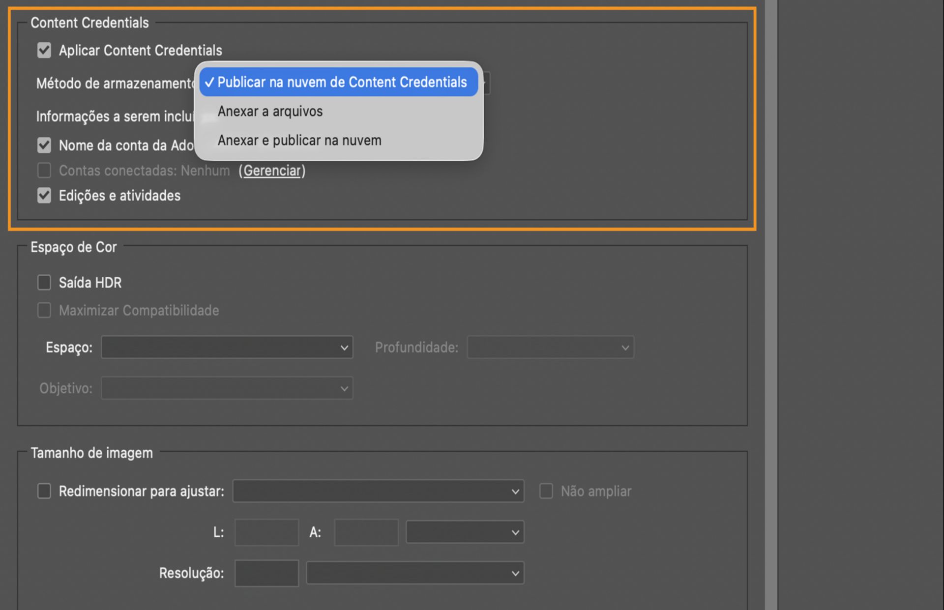 A seção Content Credentials da caixa de diálogo Exportar com o menu Método de armazenamento expandido, mostrando as opções Publicar na nuvem Content Credentials, Anexar a arquivos ou Anexar e publicar na nuvem Content Credentials.