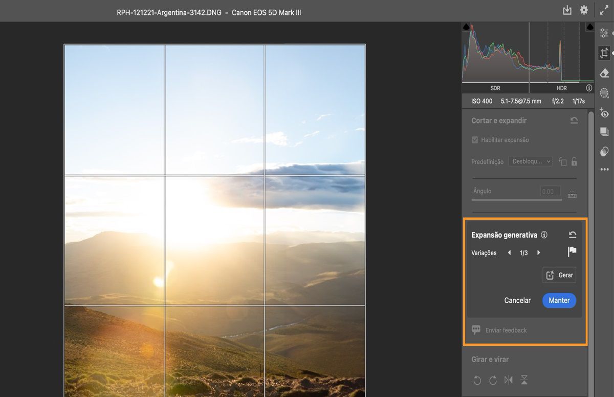 as dimensões de uma foto são ampliadas e preenchidas com o recurso Expansão generativa do Adobe Camera Raw.