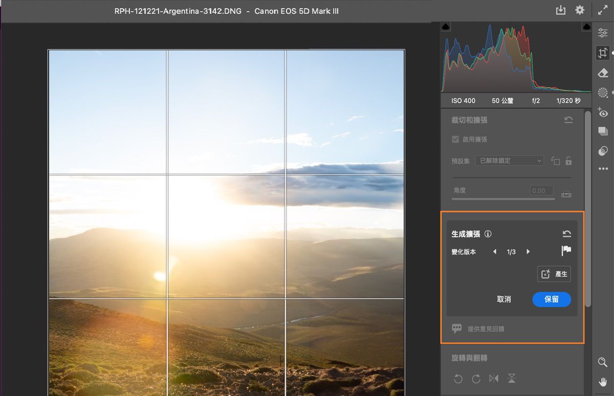 相片的尺寸會擴張，並以 Adobe Camera Raw 的「生成式擴張」功能填滿。