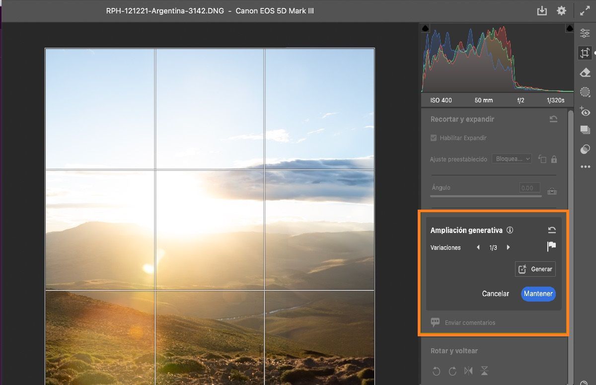 Las dimensiones de una fotografía se amplían y se rellenan con la función Ampliación generativa de Adobe Camera Raw.