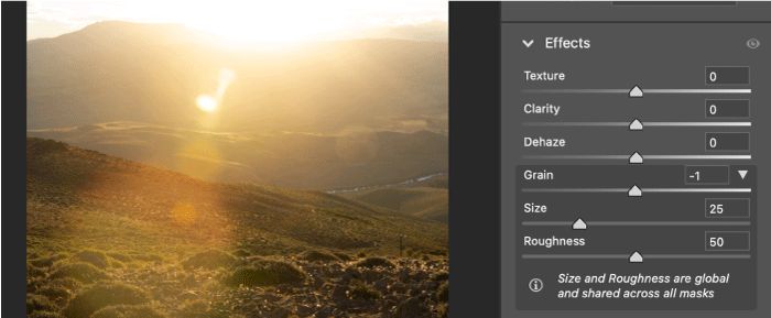 Grain slider in the Effects panel.