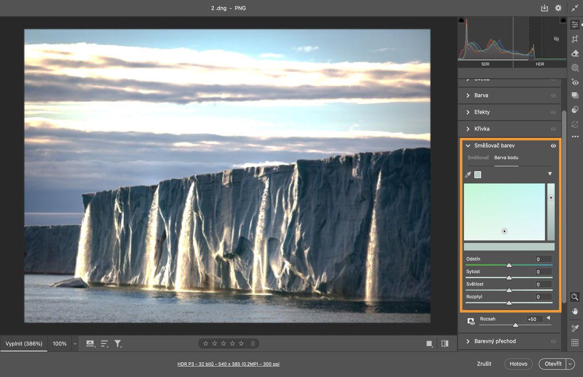 odrazy oken více barev, nabídka úprav s možnostmi směšovače barev se otevře v aplikaci Adobe Camera Raw