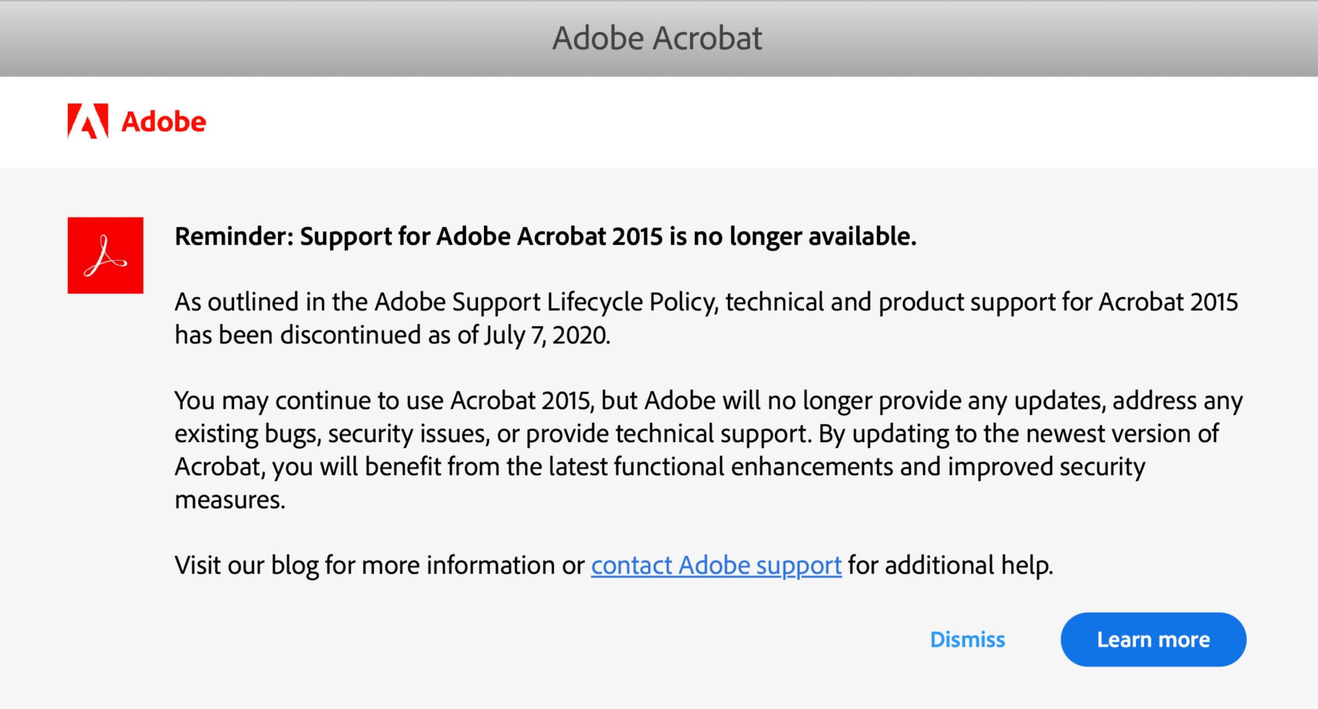 Herinnering einde ondersteuning Acrobat 2015