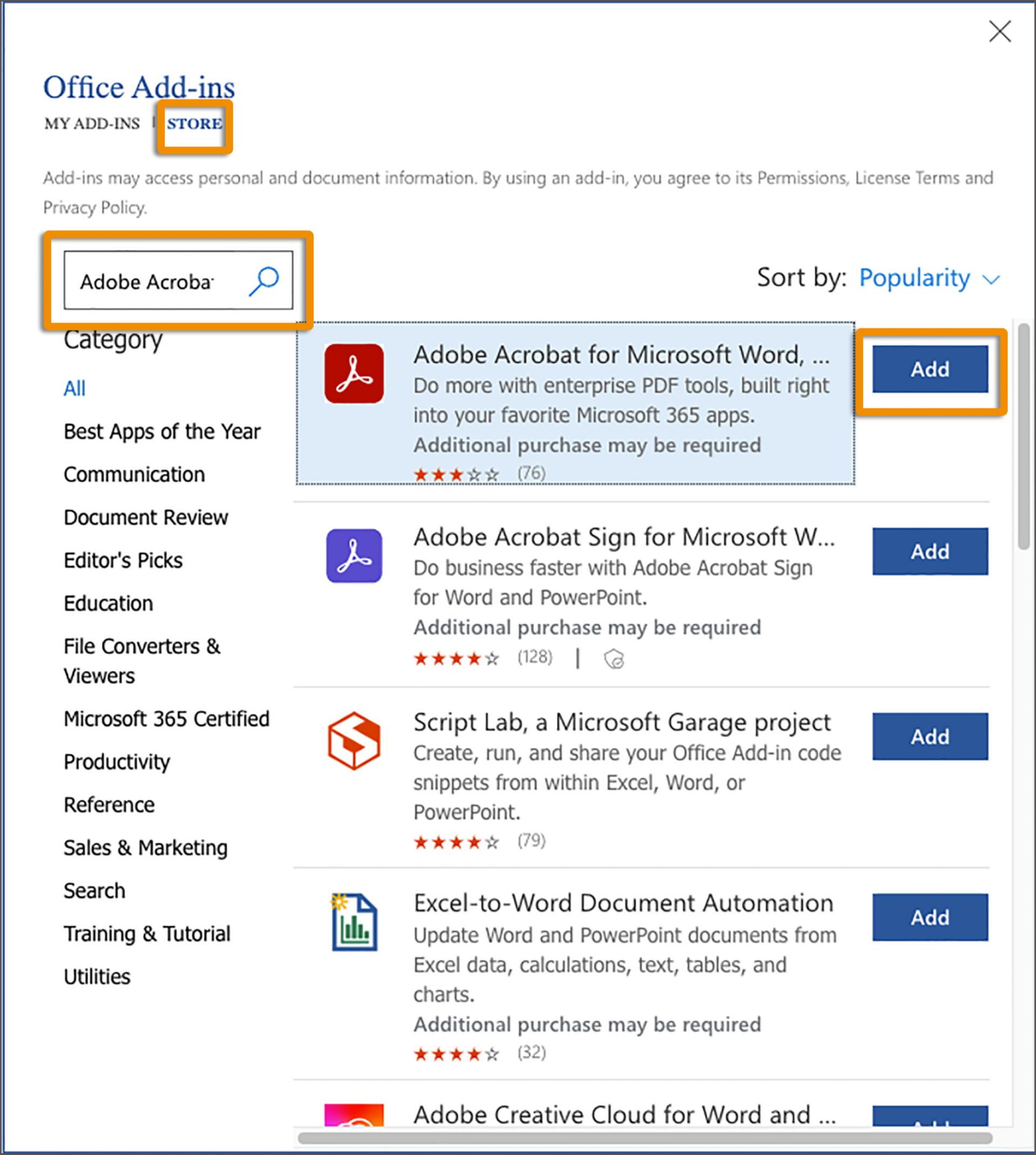 Office 추가 기능 스토어의 PDF 만들기 추가 기능