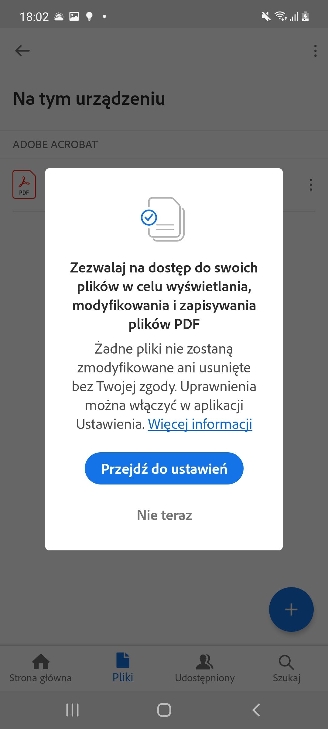 Nowe ustawienia uprawnień aplikacji Acrobat dla systemu Android