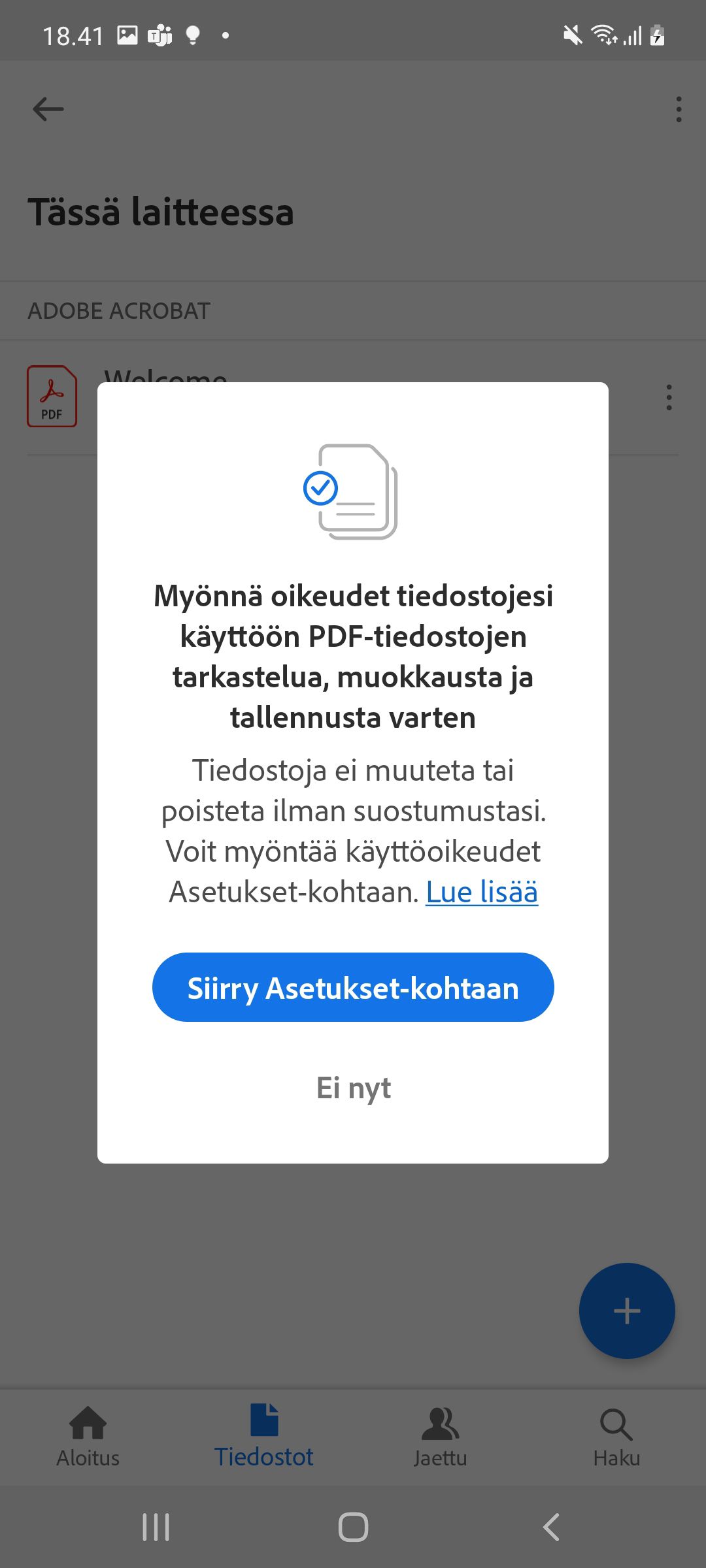 Nastavitve novih dovoljenj za program Acrobat v sistemu Android