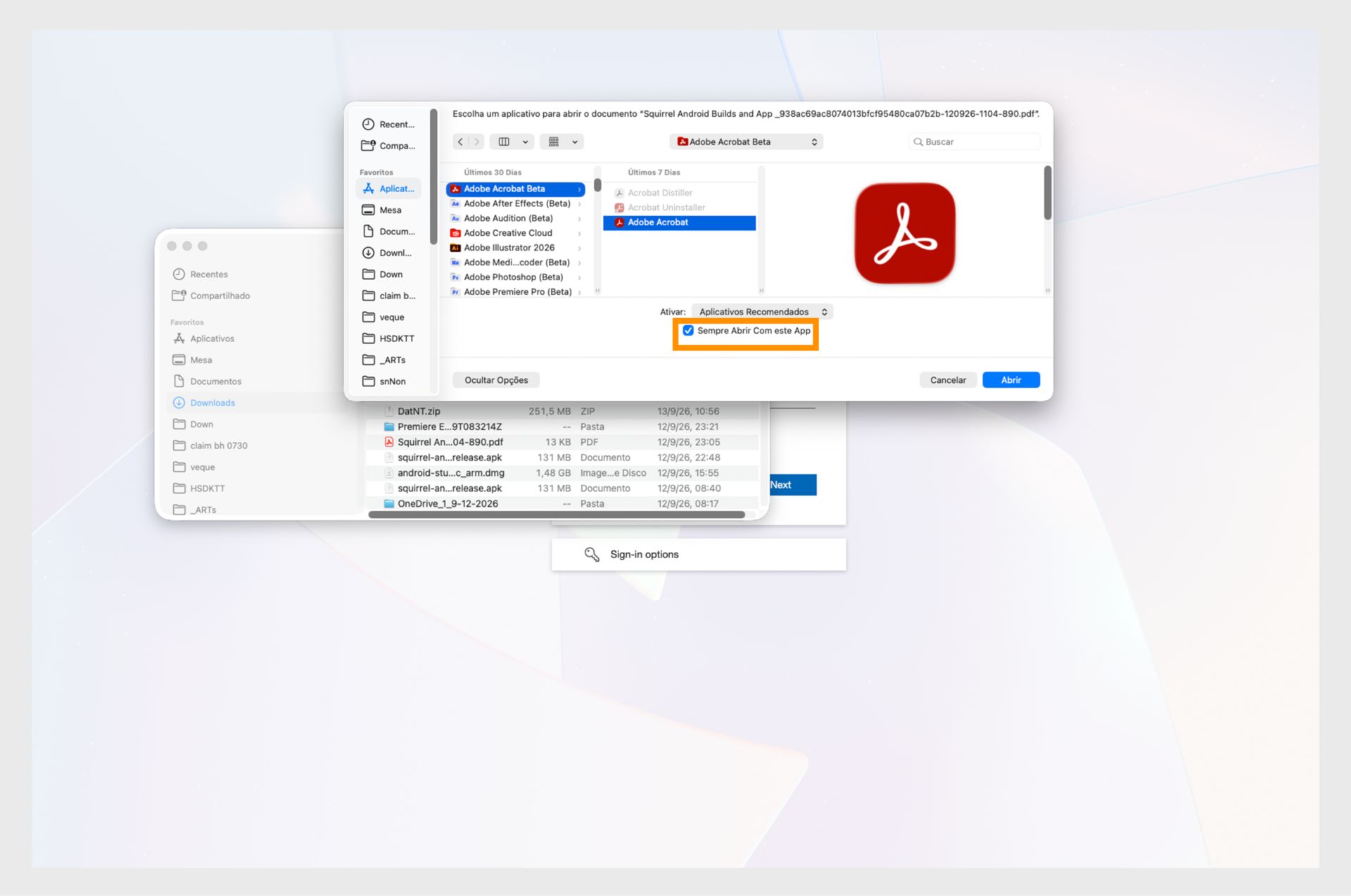 A caixa de diálogo “Abrir com” oferece opções para selecionar um aplicativo para abrir um PDF e defini-lo como padrão.