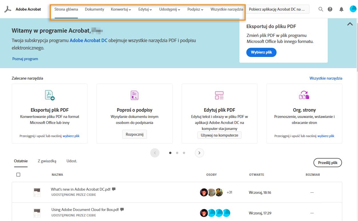 Strona główna programu Adobe Acrobat