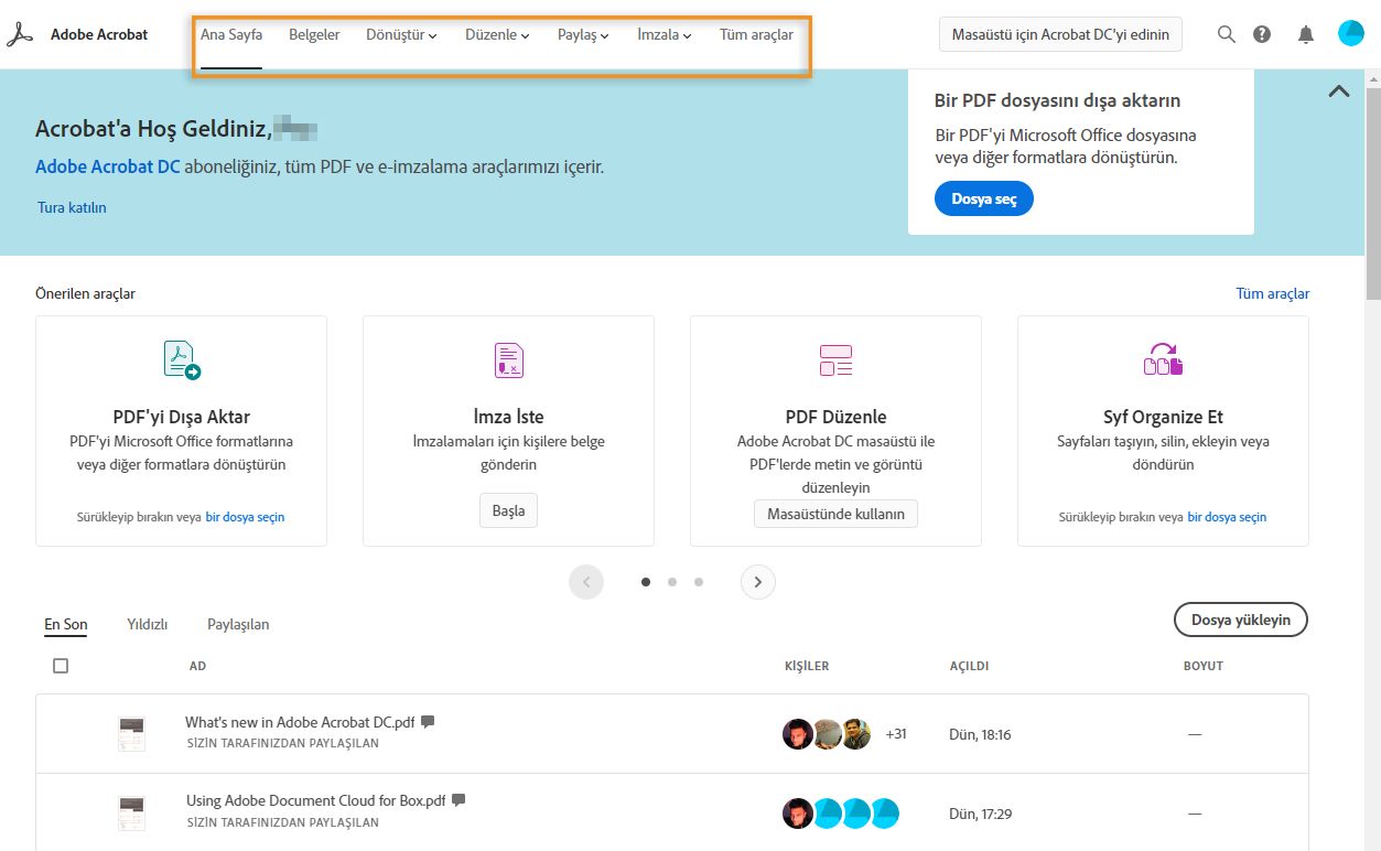 Adobe Acrobat ana sayfası