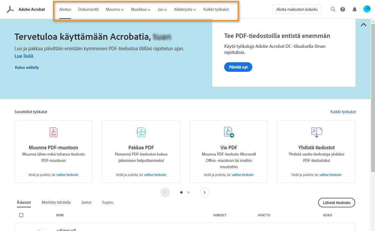 Adobe Acrobatin Aloitus-sivu