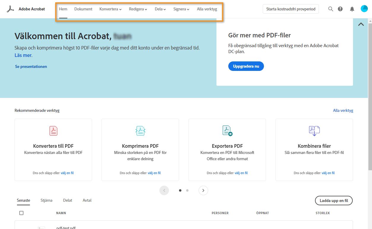 Startsidan i Adobe Acrobat