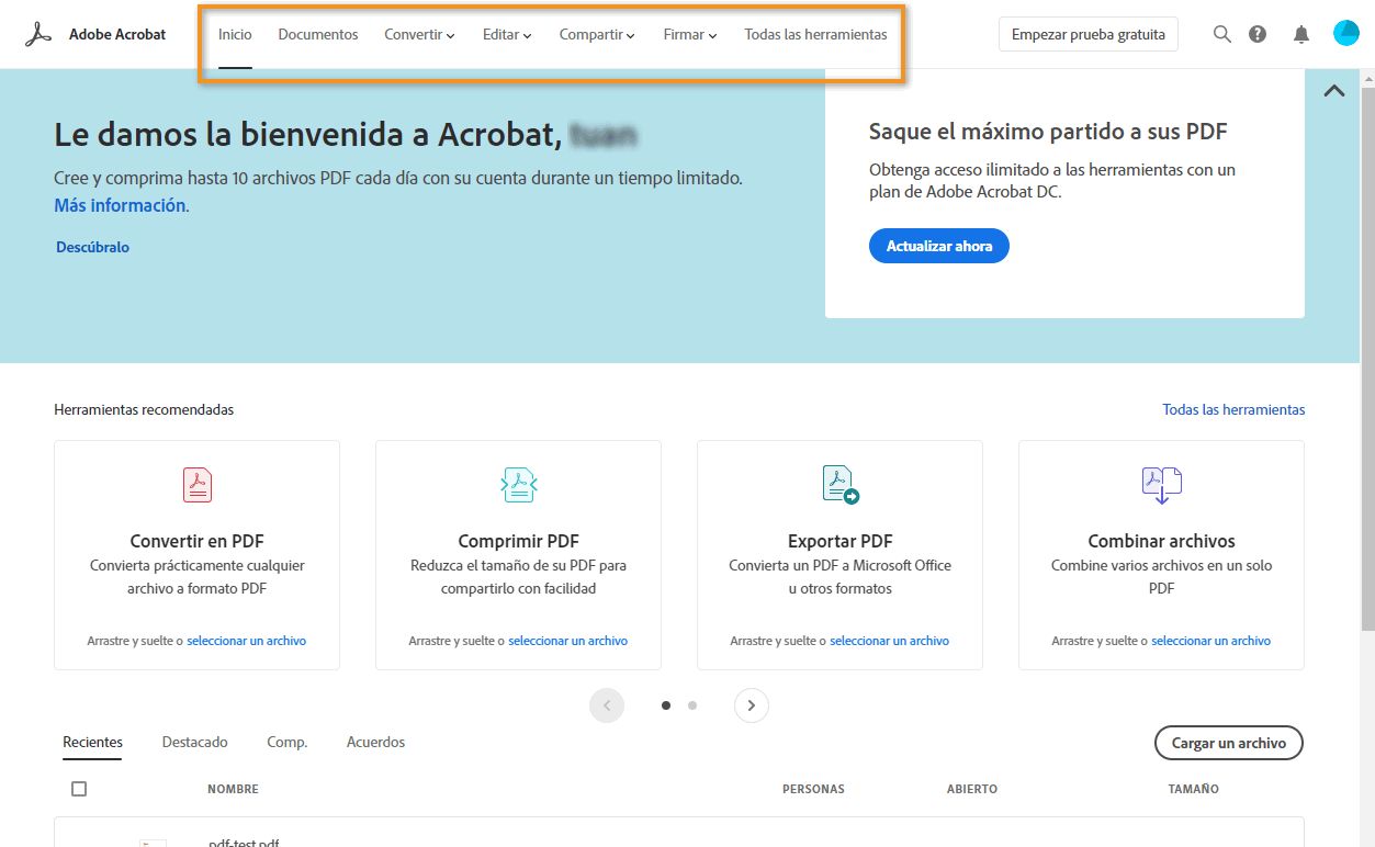 Página principal de Adobe Acrobat