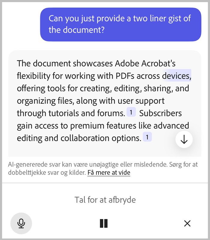 Håndfri stemmekommando i Acrobat iOS