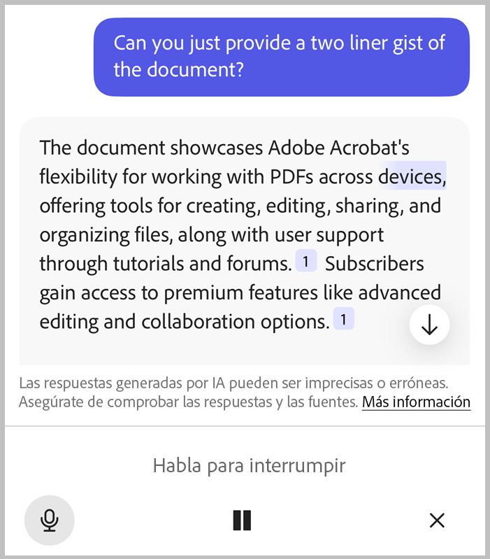 Comando de voz manos libres en Acrobat iOS
