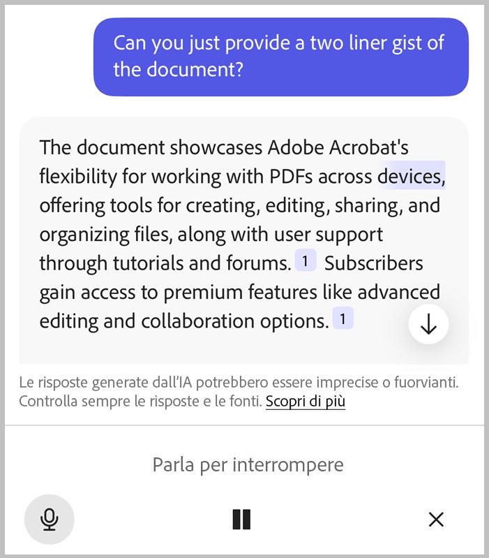 Comando vocale a mani libere in Acrobat iOS
