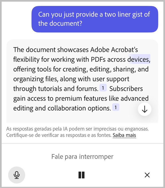 Comando de voz com mãos livres no Acrobat para iOS