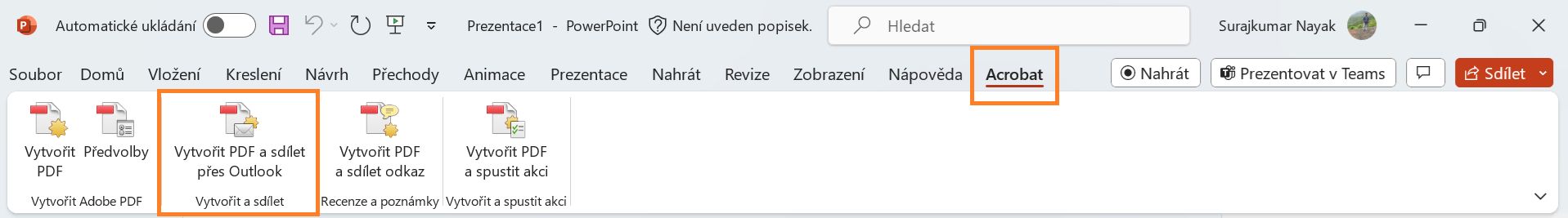 Vytvořit PDF a sdílet přes Outlook