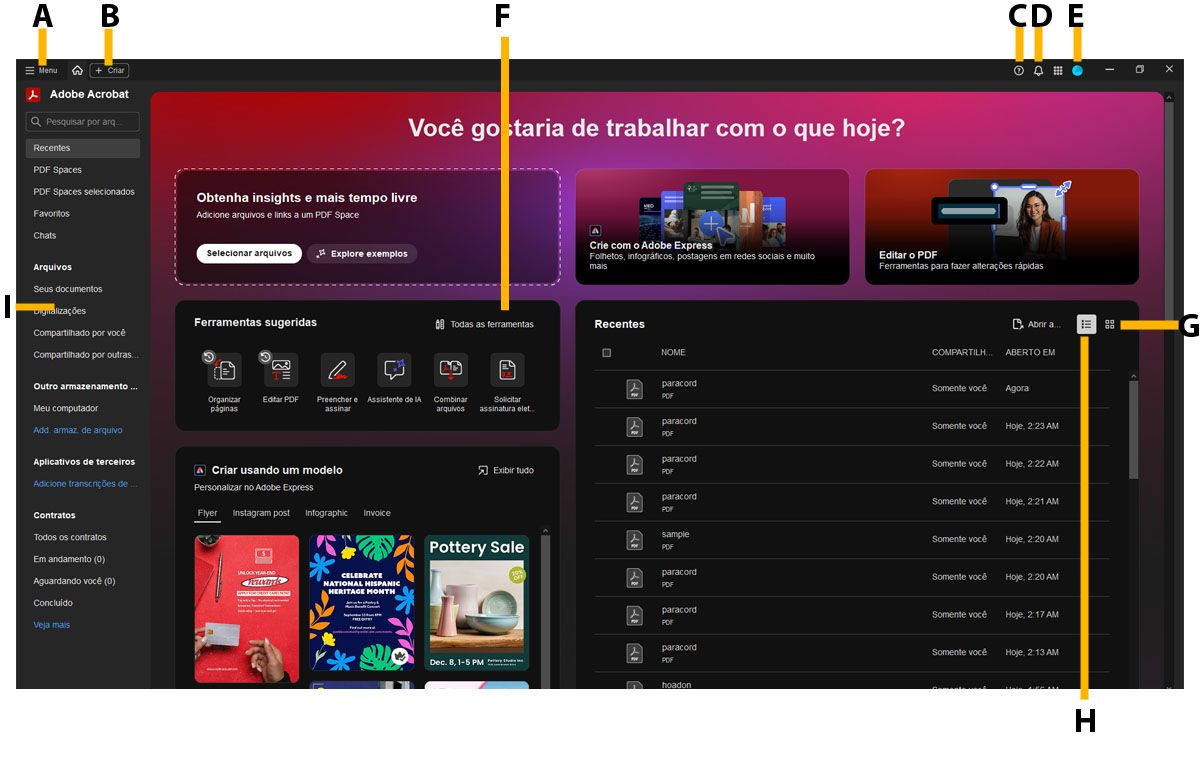 A janela de visualização inicial mostra os arquivos recentes, pastas de armazenamento na nuvem da Adobe, Menu, Ver todas as ferramentas, perfil, notificações e ajuda do Acrobat.