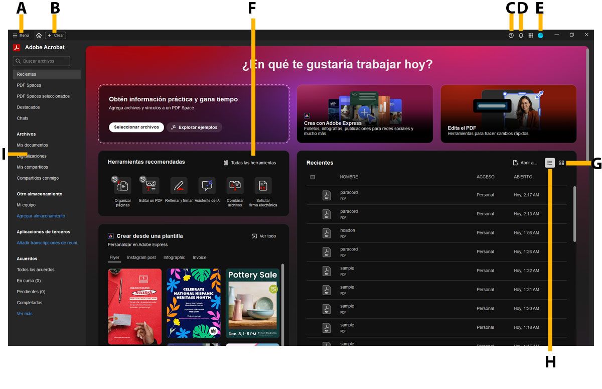 La ventana de la vista Inicio muestra los archivos recientes, las carpetas de Almacenamiento en la nube de Adobe, el menú, Ver todas las herramientas, el perfil, las notificaciones y la ayuda de Acrobat.